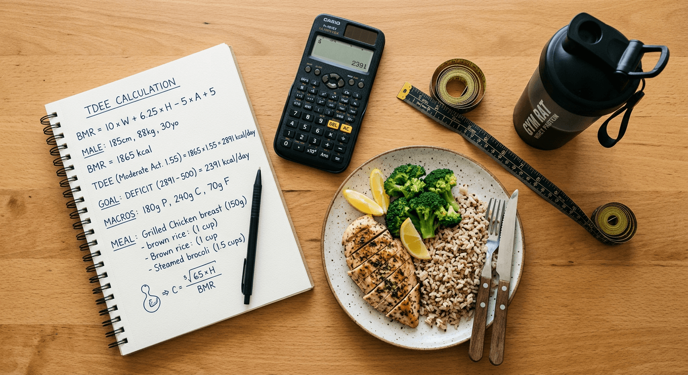 A notebook with calorie calculations next to a plate of high-protein food and a calculator