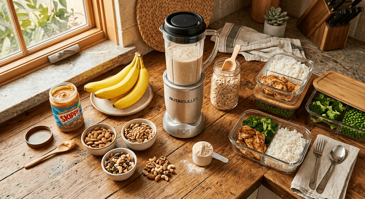 A kitchen counter with high-calorie shakes, nuts, and meal prep containers ready for a bulking diet