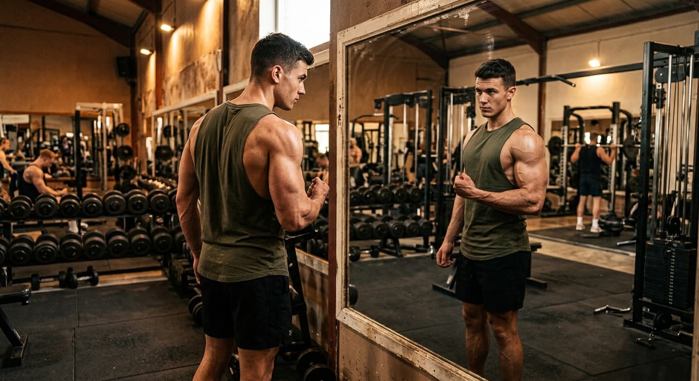 Muscular man flexing in a gym mirror showing visible muscle gain progress