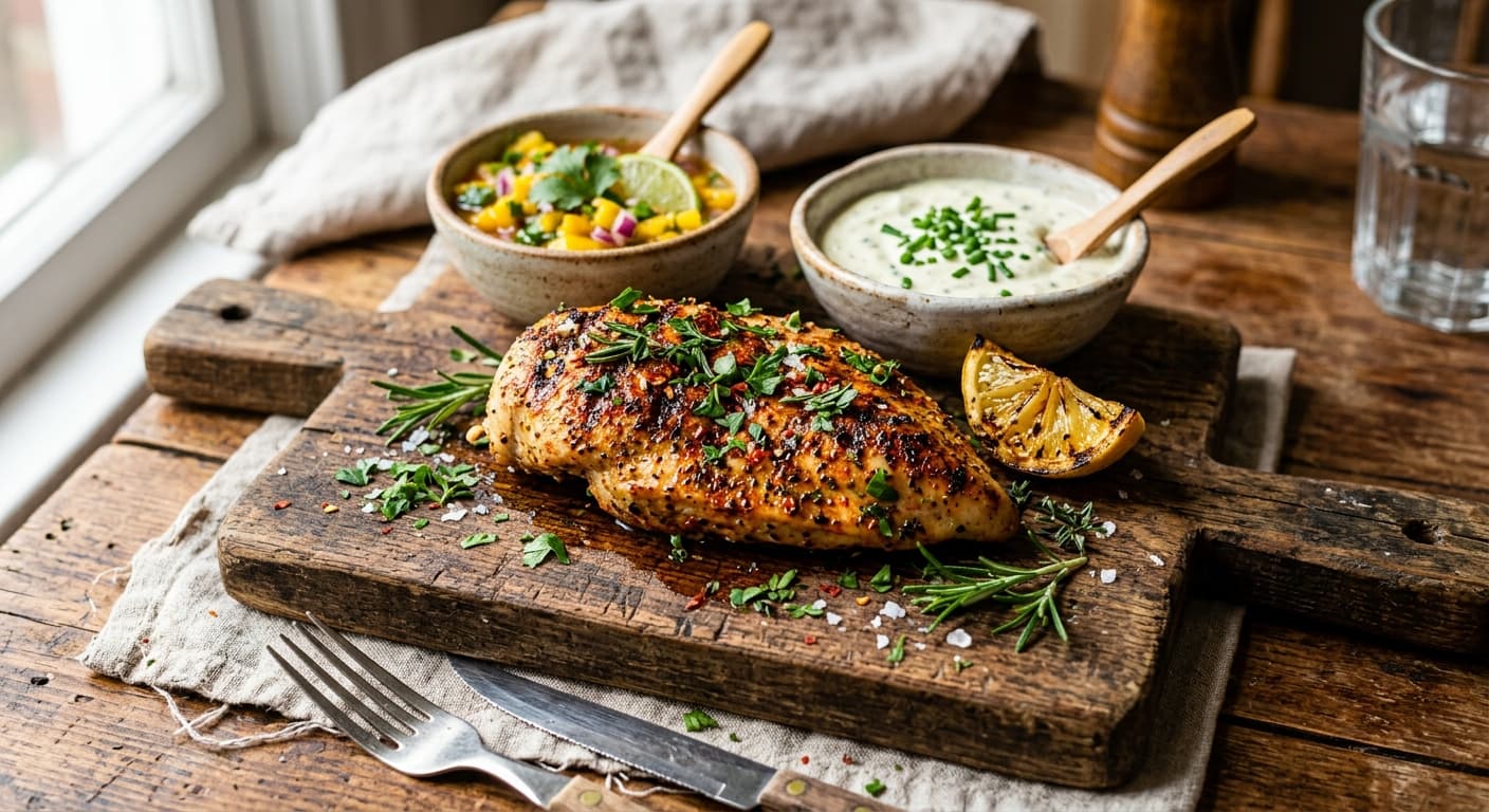 Seasoned grilled chicken with colorful spices and sauces on a wooden cutting board