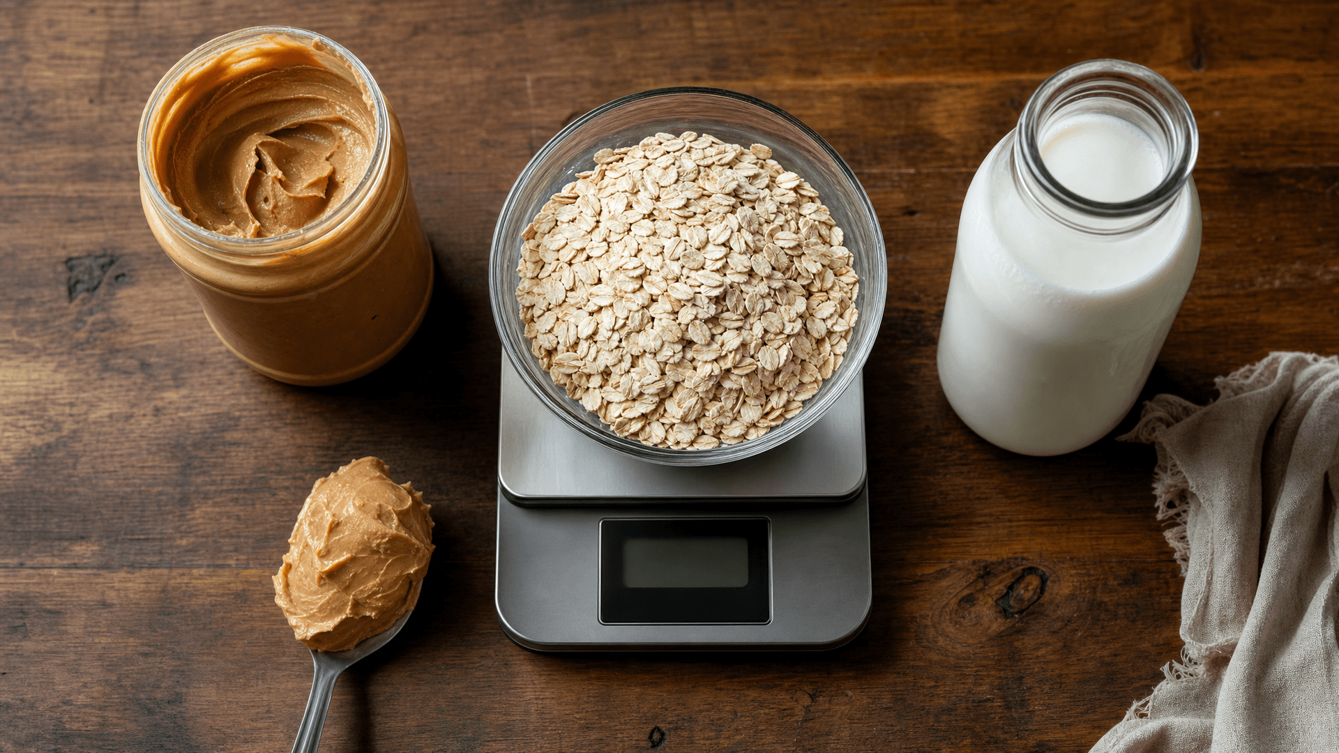 Gros plan sur un tableau nutritionnel au dos d'un emballage, à côté d'une balance de cuisine numérique et d'un bol de riz cru