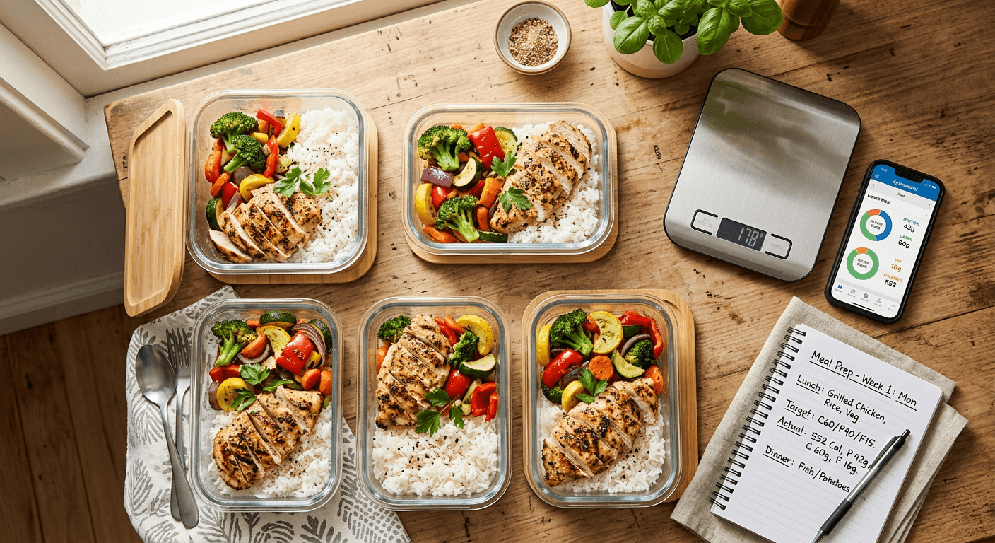 Meal prep containers with chicken, rice, and vegetables next to a phone showing a macro tracking app