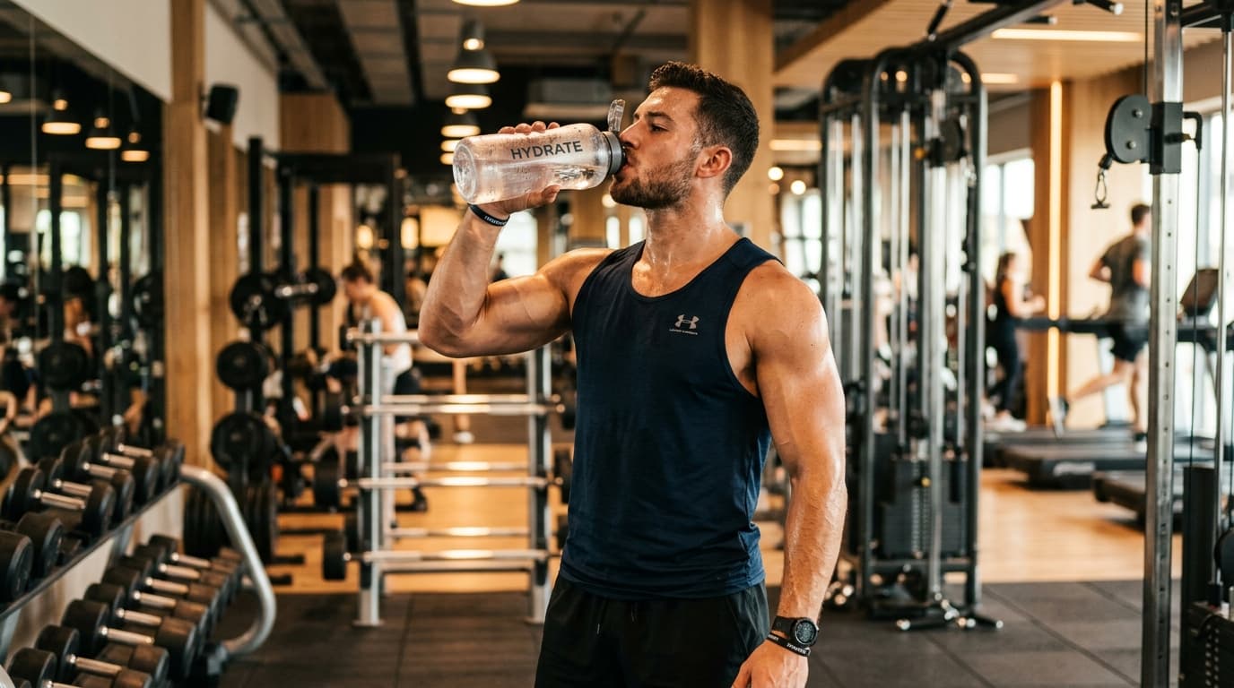 Homme athlétique buvant de l'eau d'une grande bouteille dans une salle de musculation