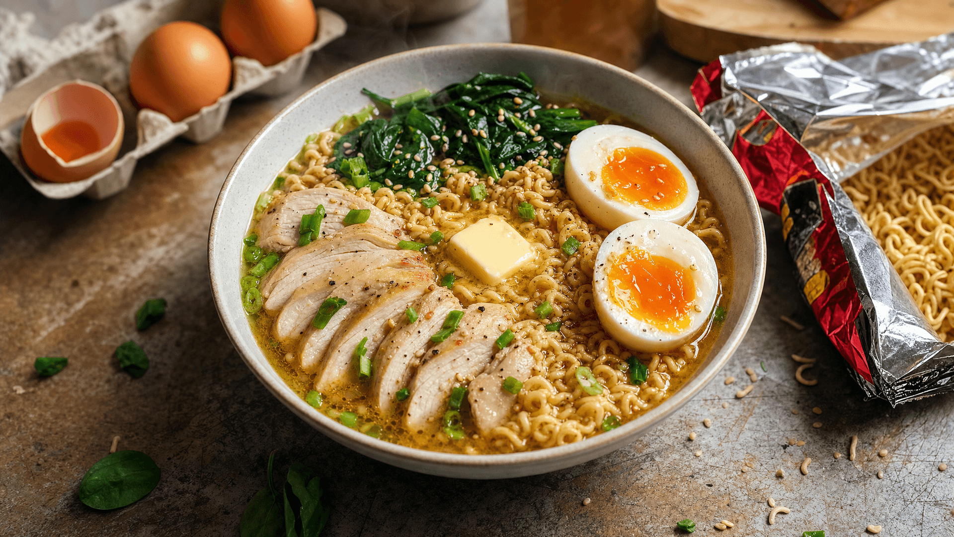Une casserole de ramen chargée d'œufs mollets, de poulet effiloché, d'edamame et de ciboule