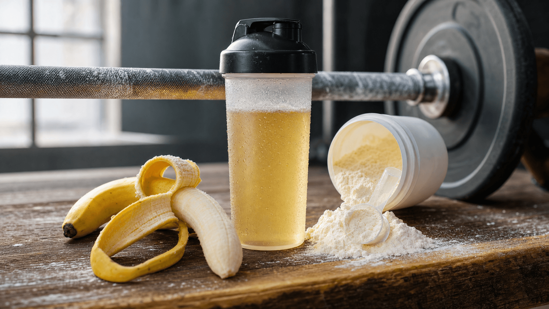 Un shaker de boisson glucidique orange pâle posé sur un banc de muscu à côté d'une barre chargée