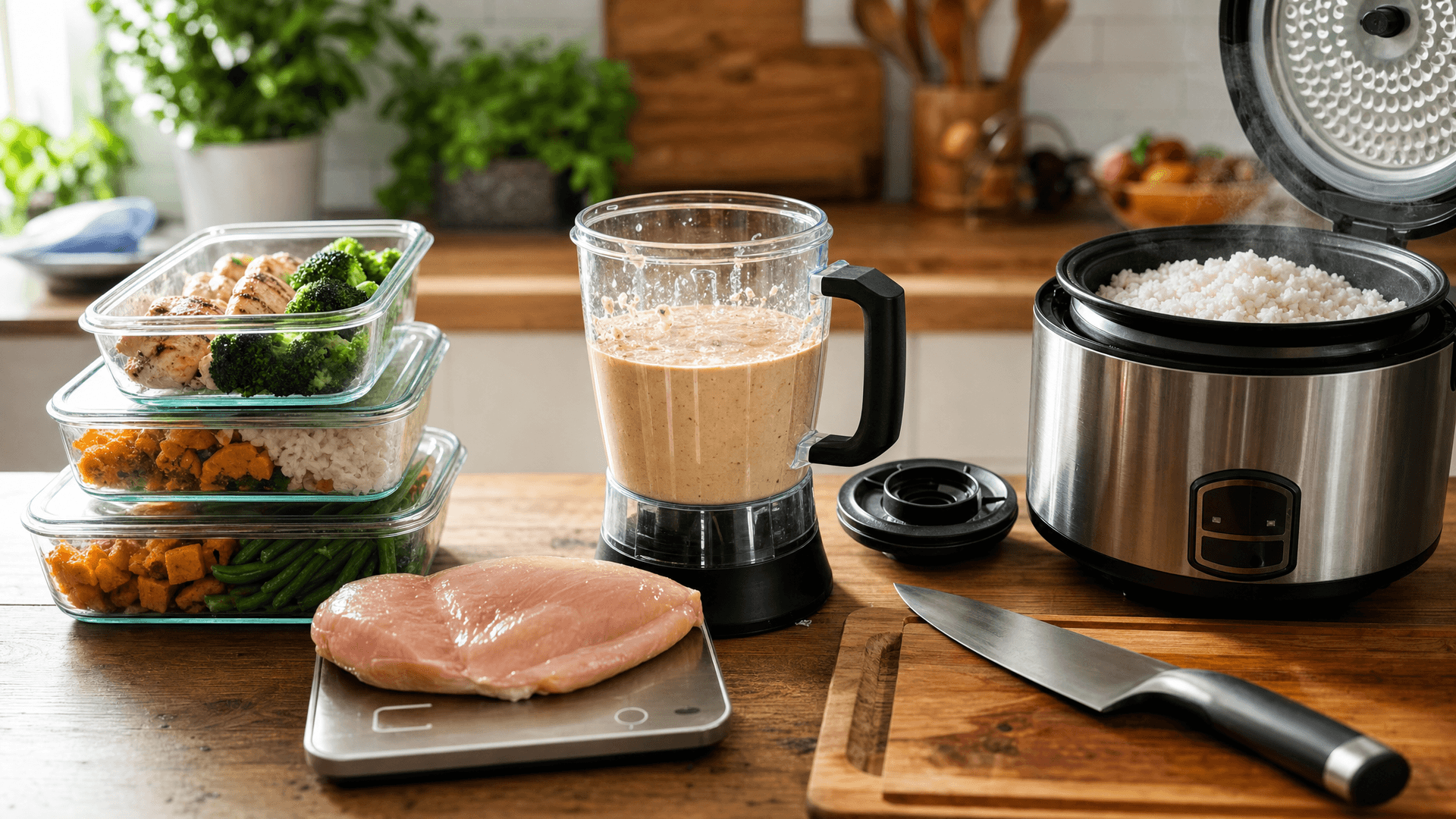 Une cuisine équipée à petit budget avec un blender, un cuiseur à riz, une balance de cuisine et des boîtes de meal prep sur un plan de travail