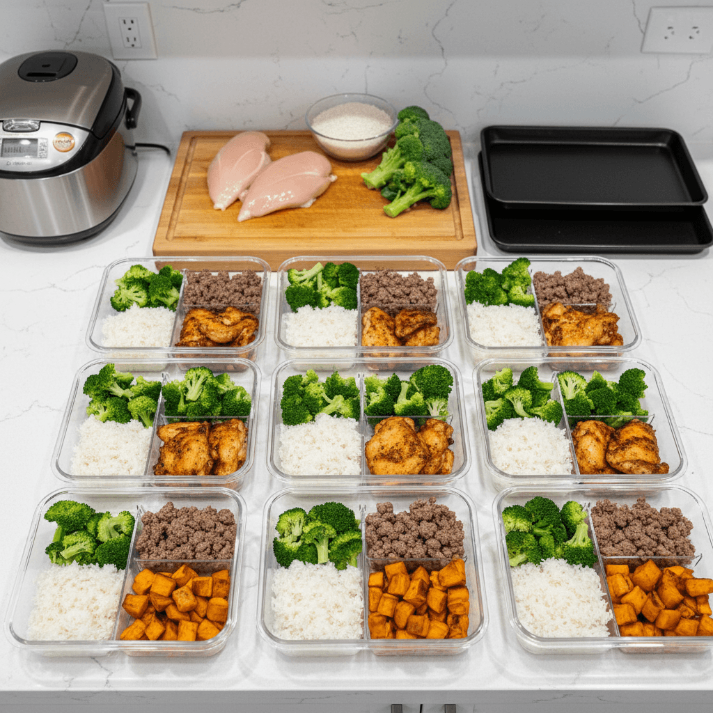 Rows of meal prep containers filled with chicken, rice, and vegetables on a kitchen counter