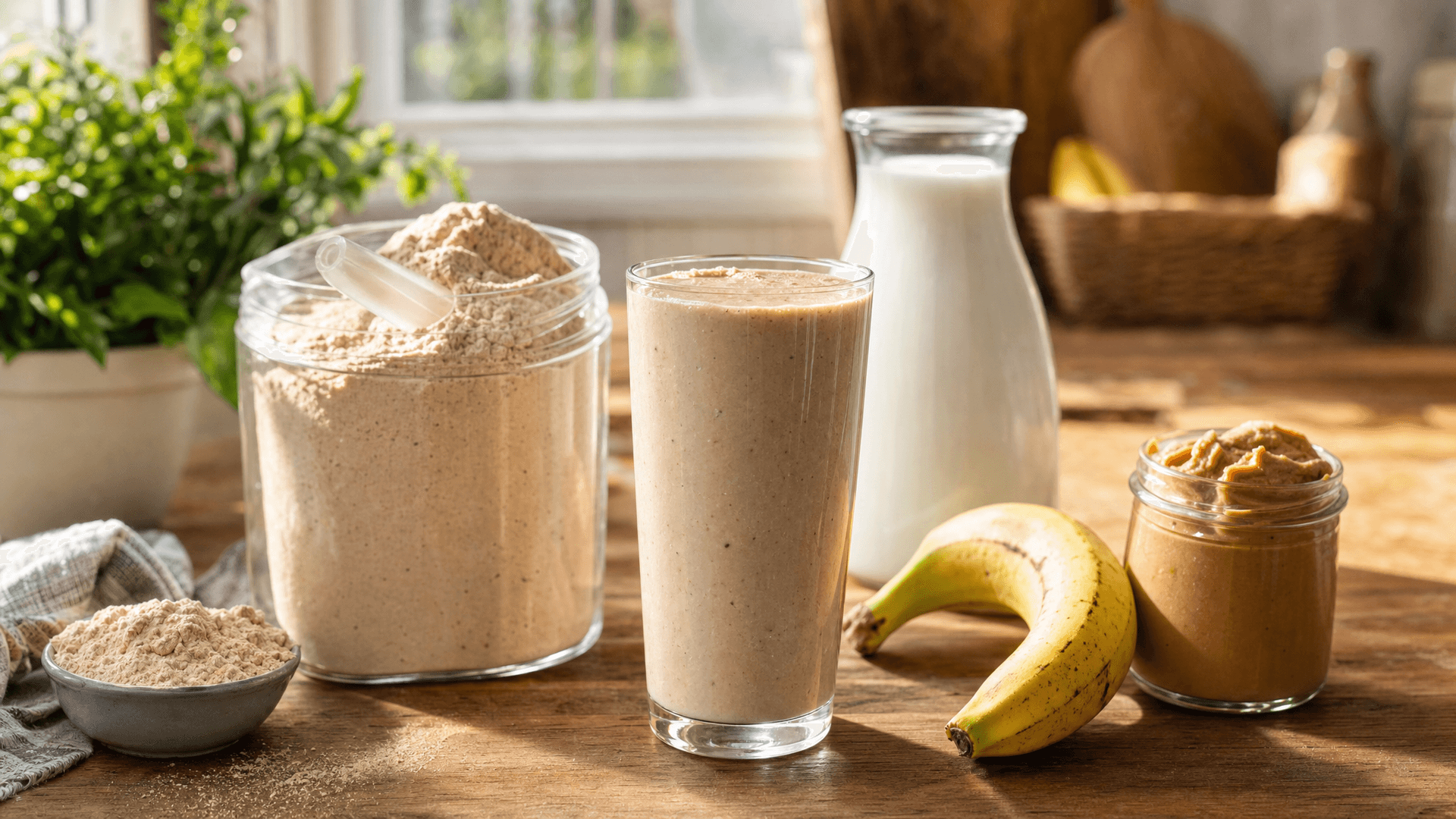 Un shaker de poudre substitut de repas posé à côté de lait entier, de flocons d'avoine et de beurre de cacahuète sur un plan de travail