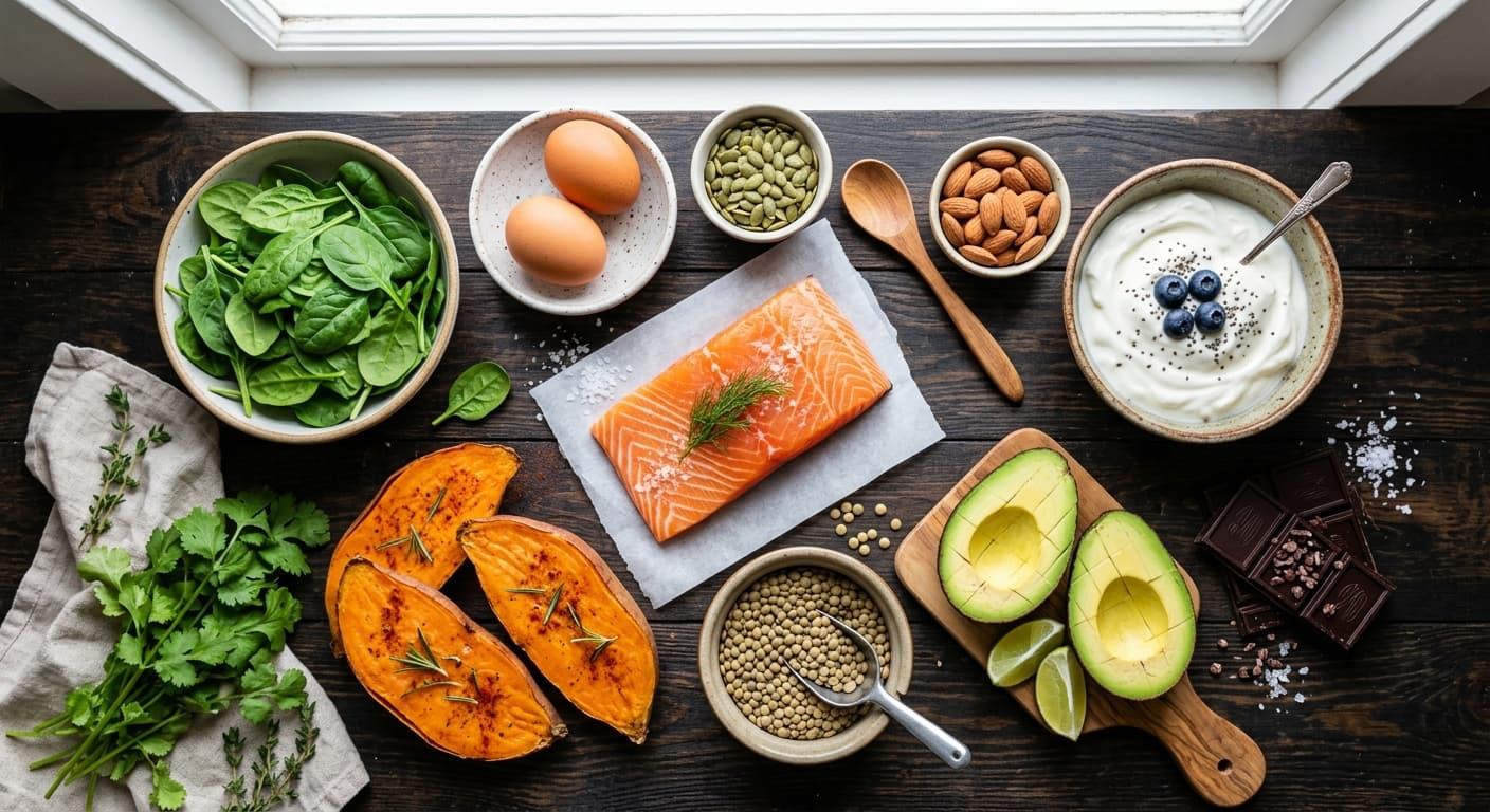 Assiettes colorées d'aliments complets riches en nutriments : saumon, épinards, œufs, noix et patates douces disposés sur un plan de travail