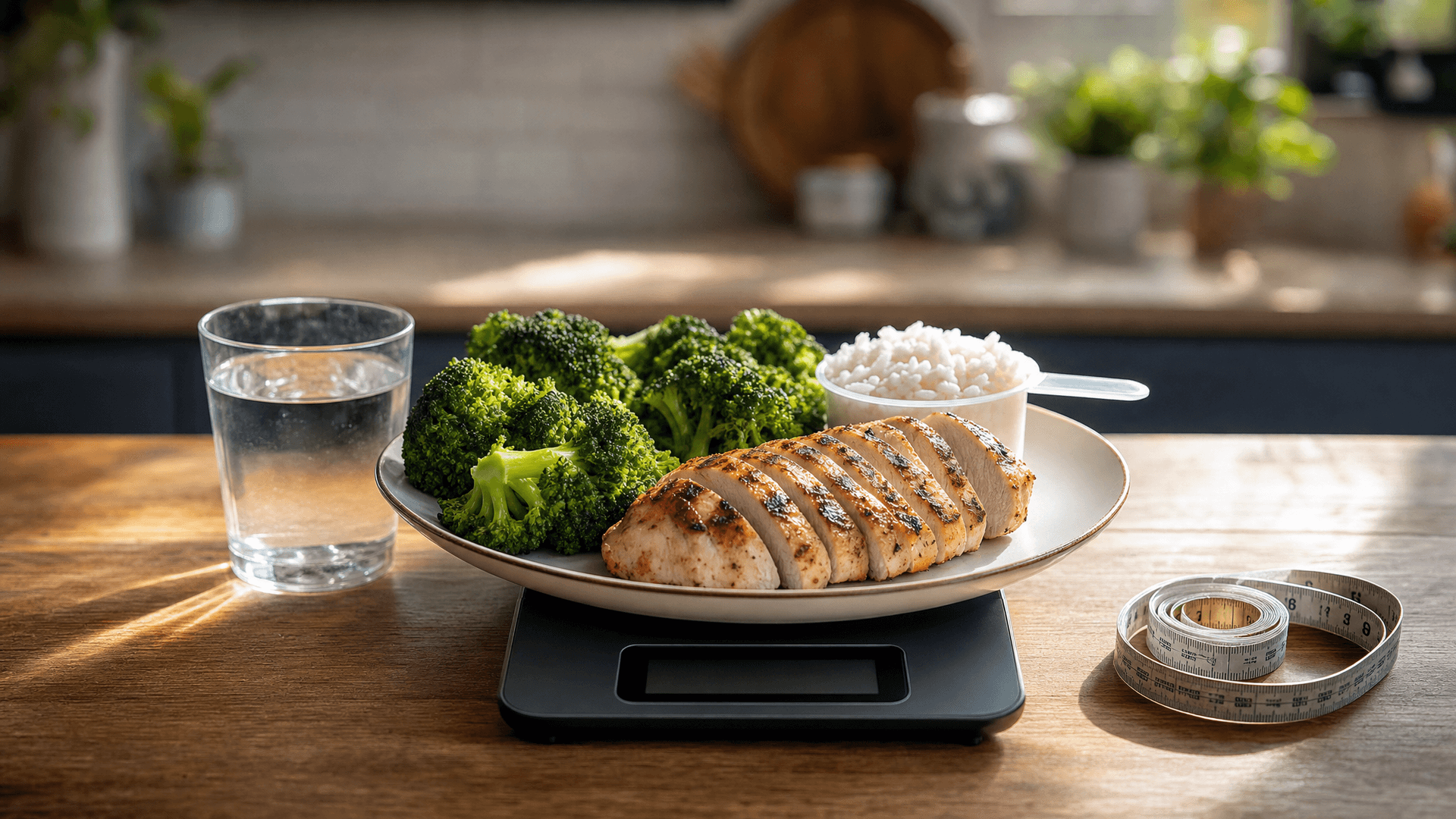 Un homme musclé et sec mesure son tour de taille au mètre ruban à côté d'une balance de cuisine et d'une assiette de poulet-riz