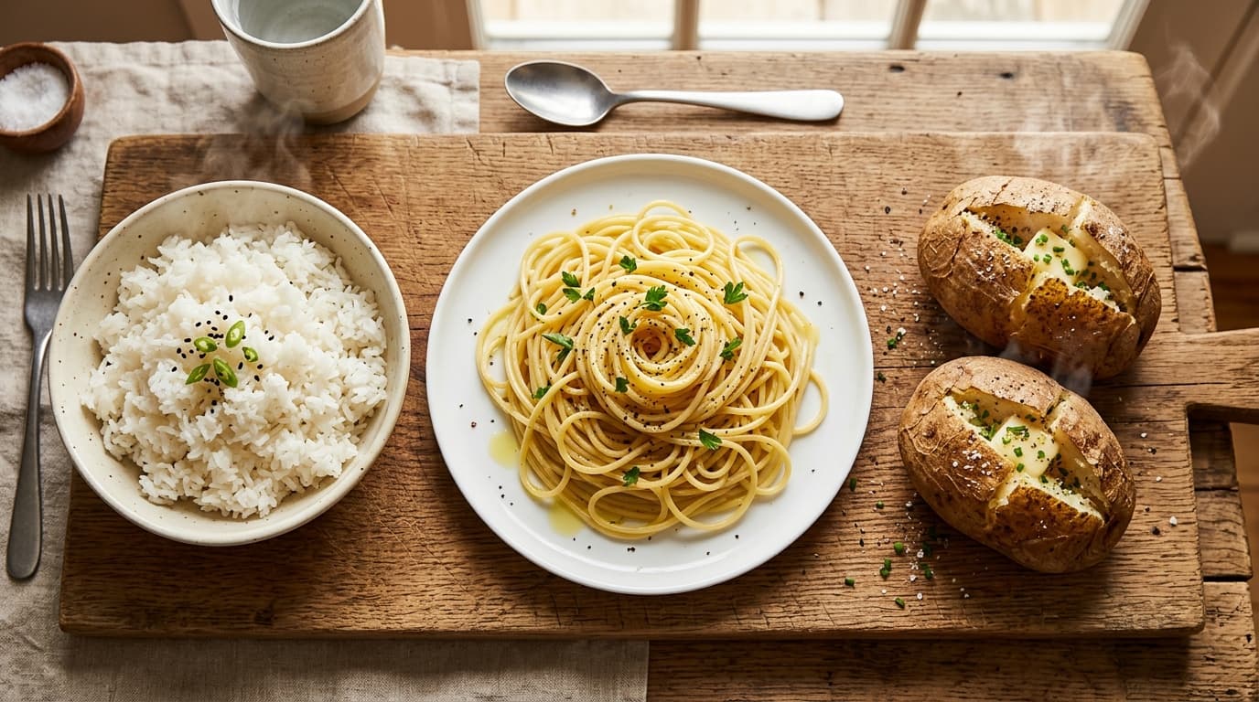 White rice, spaghetti pasta, and baked potatoes on a wooden board with a measuring scale