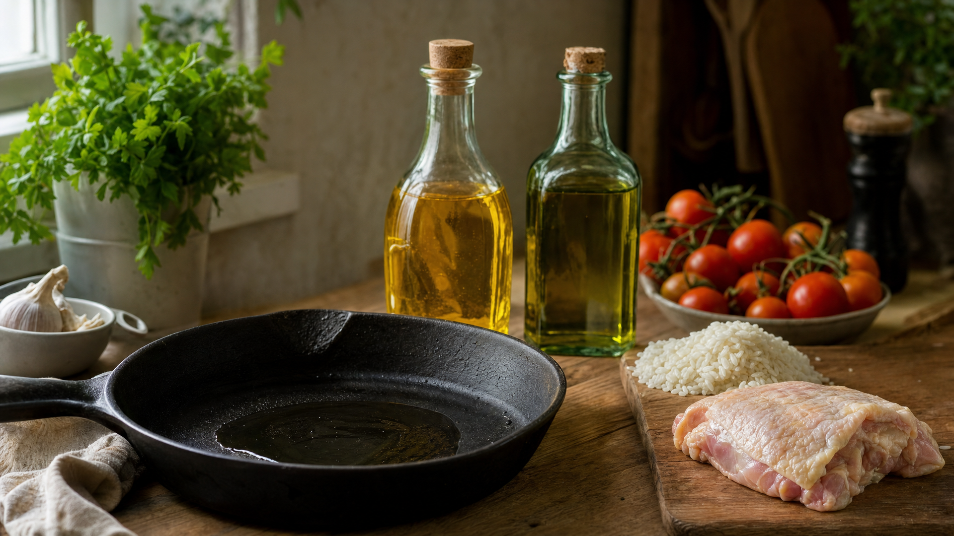 Bottles of canola, sunflower and olive oil on a kitchen counter next to a hot skillet