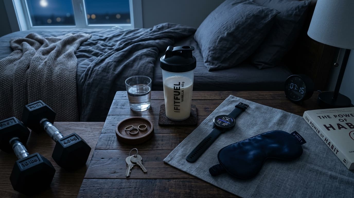 Homme athlétique dormant paisiblement dans une chambre sombre avec un éclairage bleu tamisé, représentant la récupération musculaire