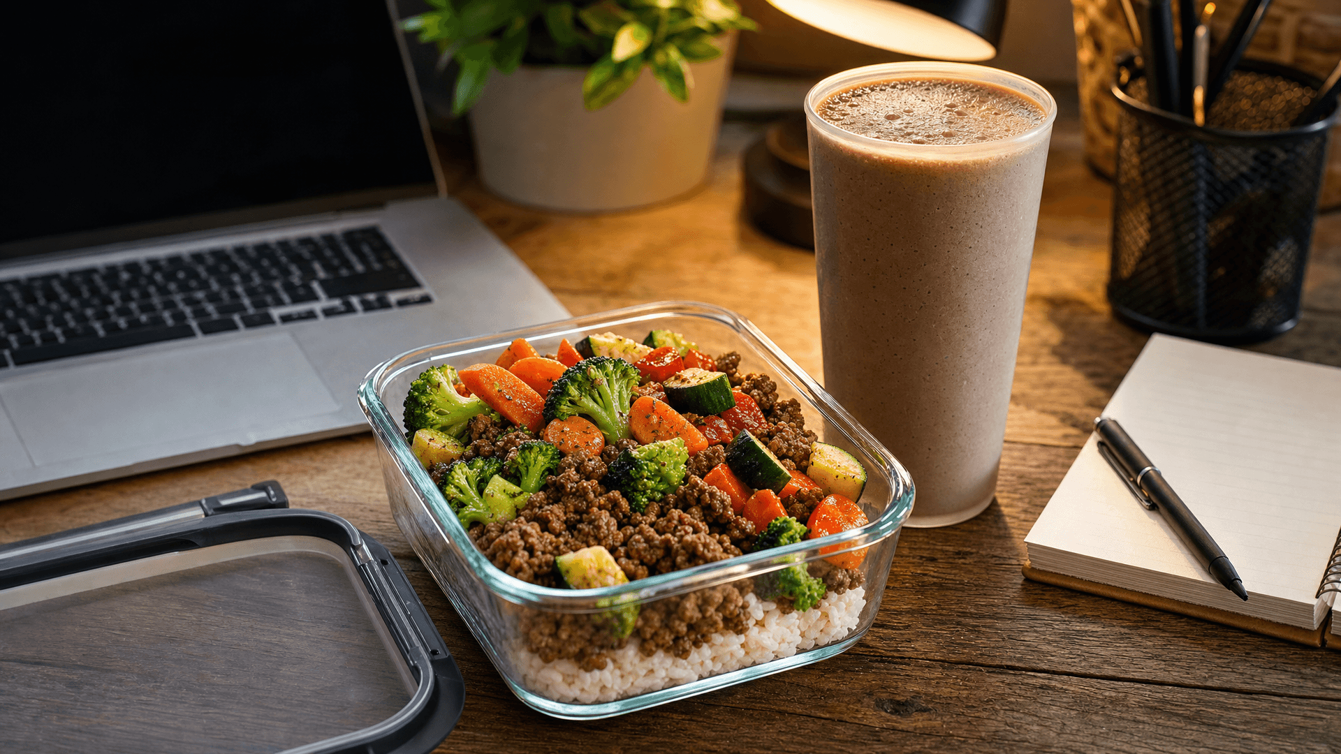 A desk covered in study notes and a laptop at night next to a half-finished protein shake and a plate of untouched food