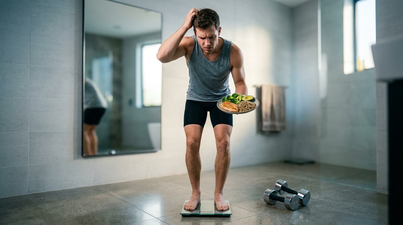 A frustrated skinny guy standing on a bathroom scale that won't budge, with a plate of food and dumbbells nearby