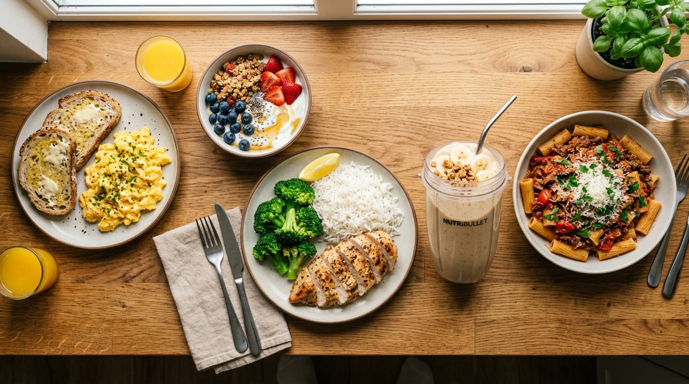 A full day of high-calorie bulking meals laid out on a kitchen counter with chicken, rice, eggs, and shakes