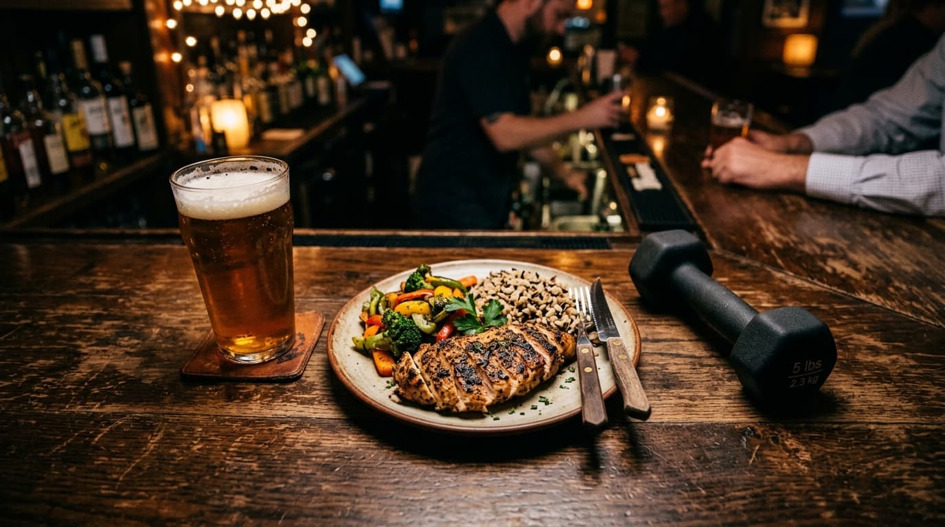 A glass of beer next to a plate of high-protein food and dumbbells on a bar counter