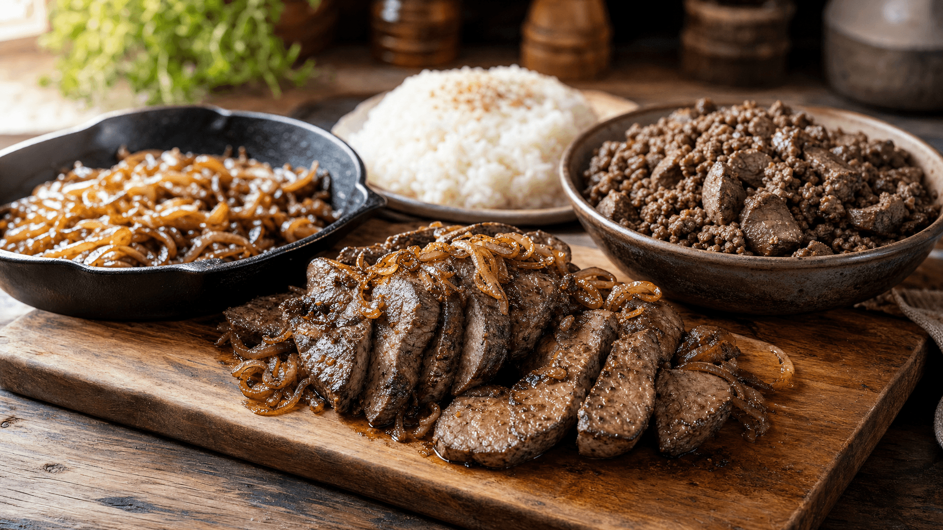 Tranches de foie de bœuf cru sur une planche en bois, à côté d'un bol de bœuf haché et d'herbes fraîches