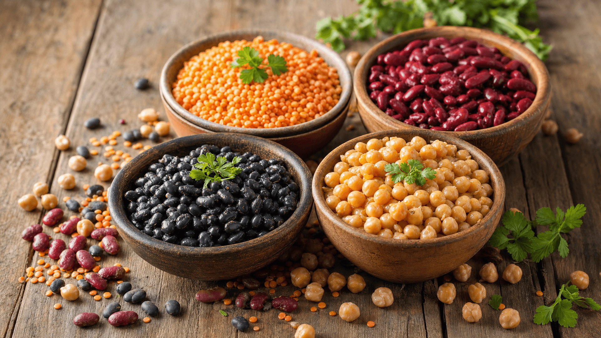 Bowls of dried lentils, chickpeas, and black beans next to cooked rice and meal-prep containers