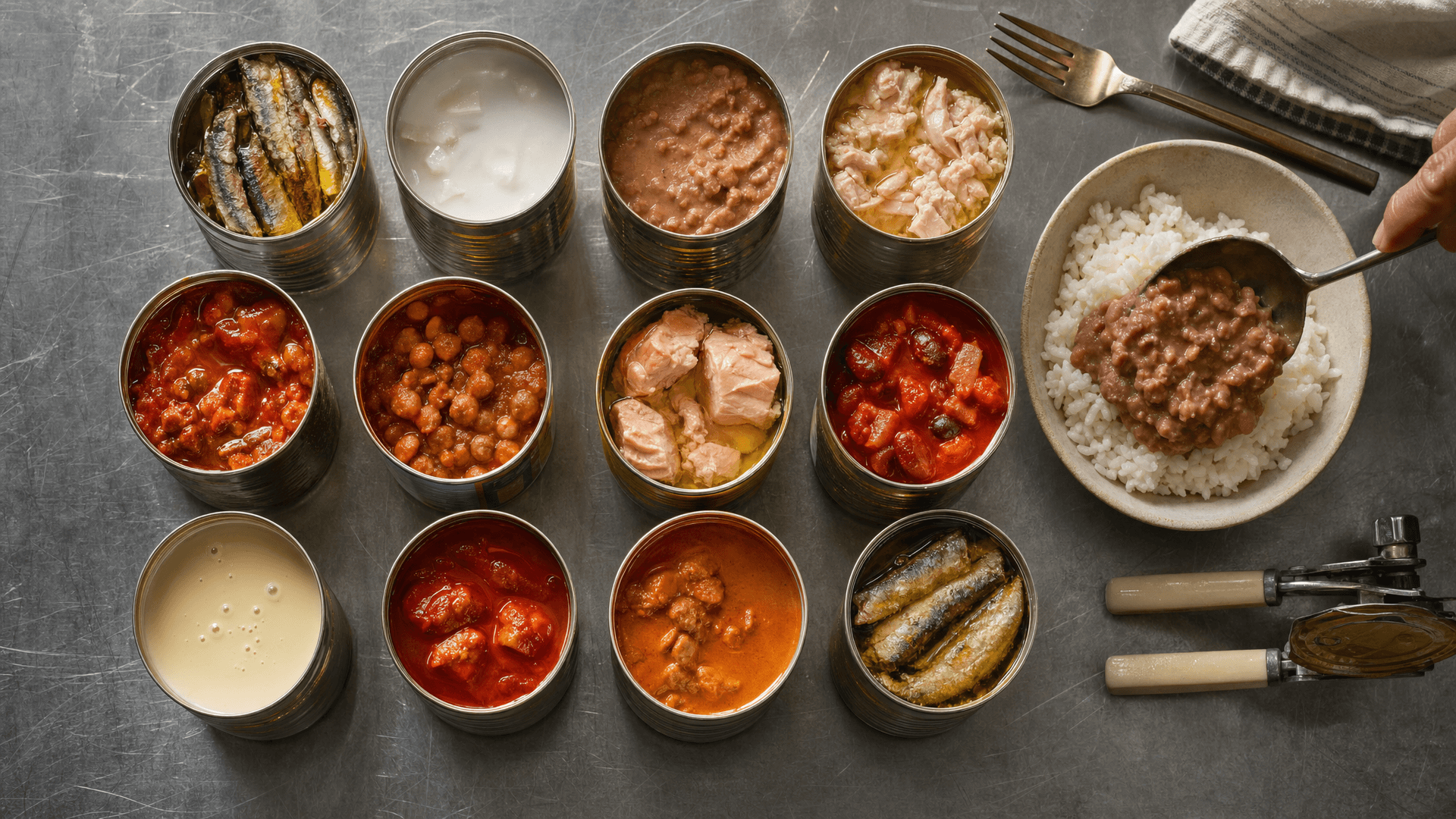 Assorted cans of sardines, coconut milk, refried beans, chicken and chili arranged on a kitchen counter with a can opener