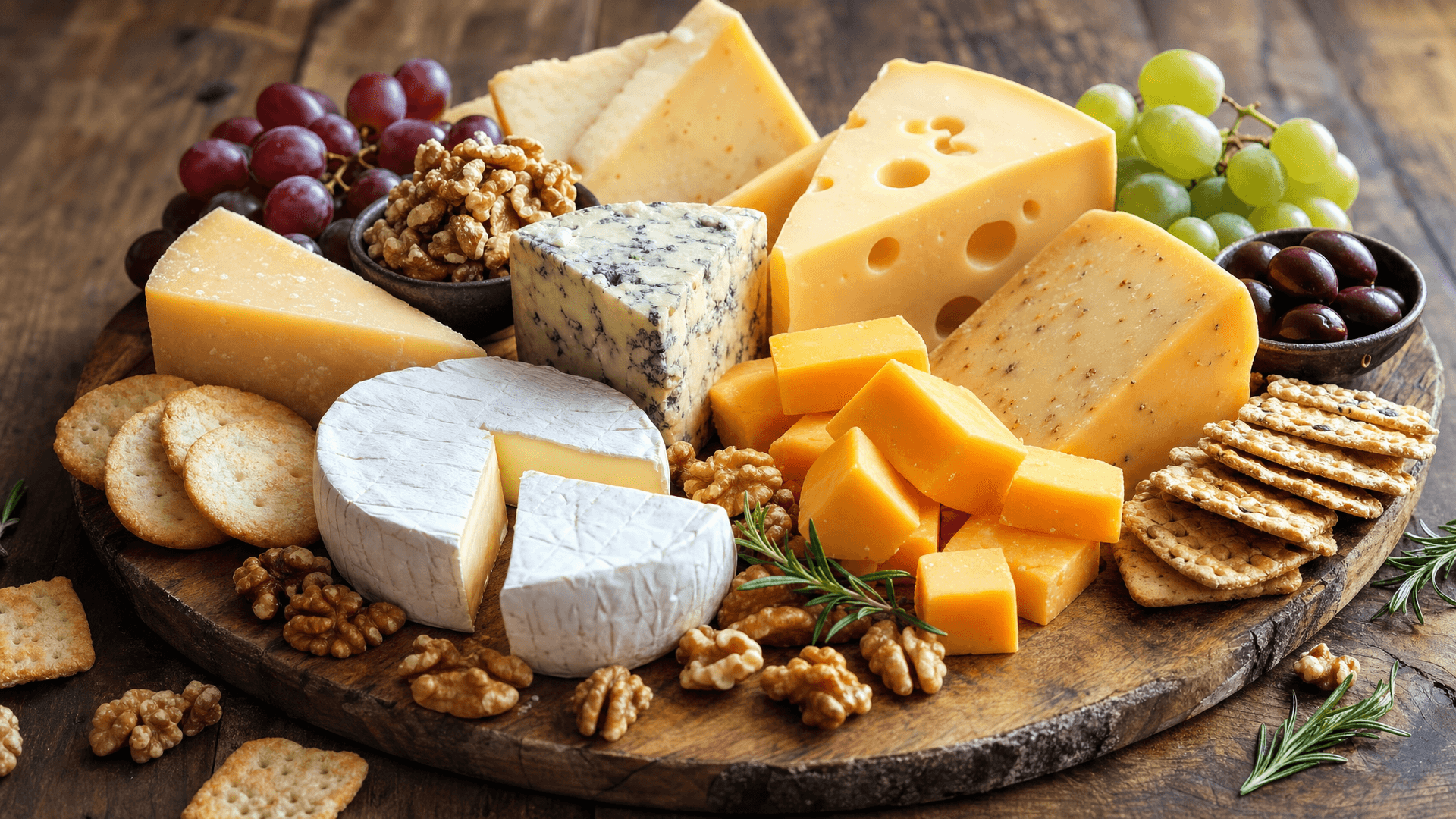 Variety of cheeses on a wooden board with nuts and crackers for a high-calorie bulking snack