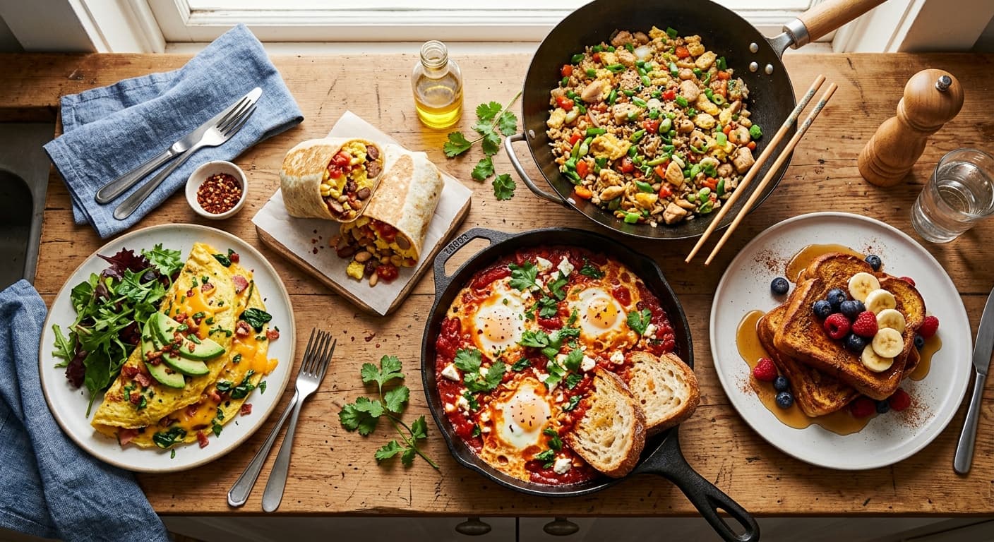 A spread of high-calorie egg dishes including omelettes, fried rice, and egg sandwiches on a kitchen counter