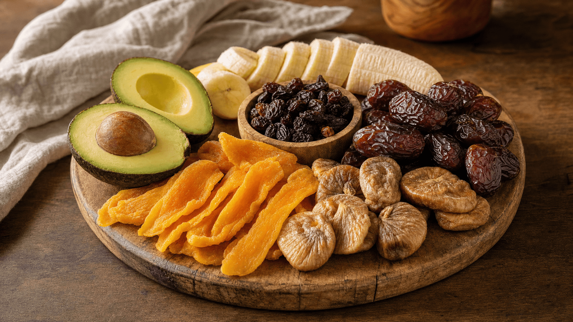 Une planche en bois garnie de bananes, d'avocats, de dattes medjool, de mangue séchée et de figues devant une cuisine lumineuse