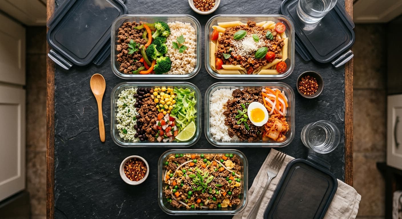Cooked ground beef meal prep bowls with rice, vegetables, and seasoning on a kitchen counter