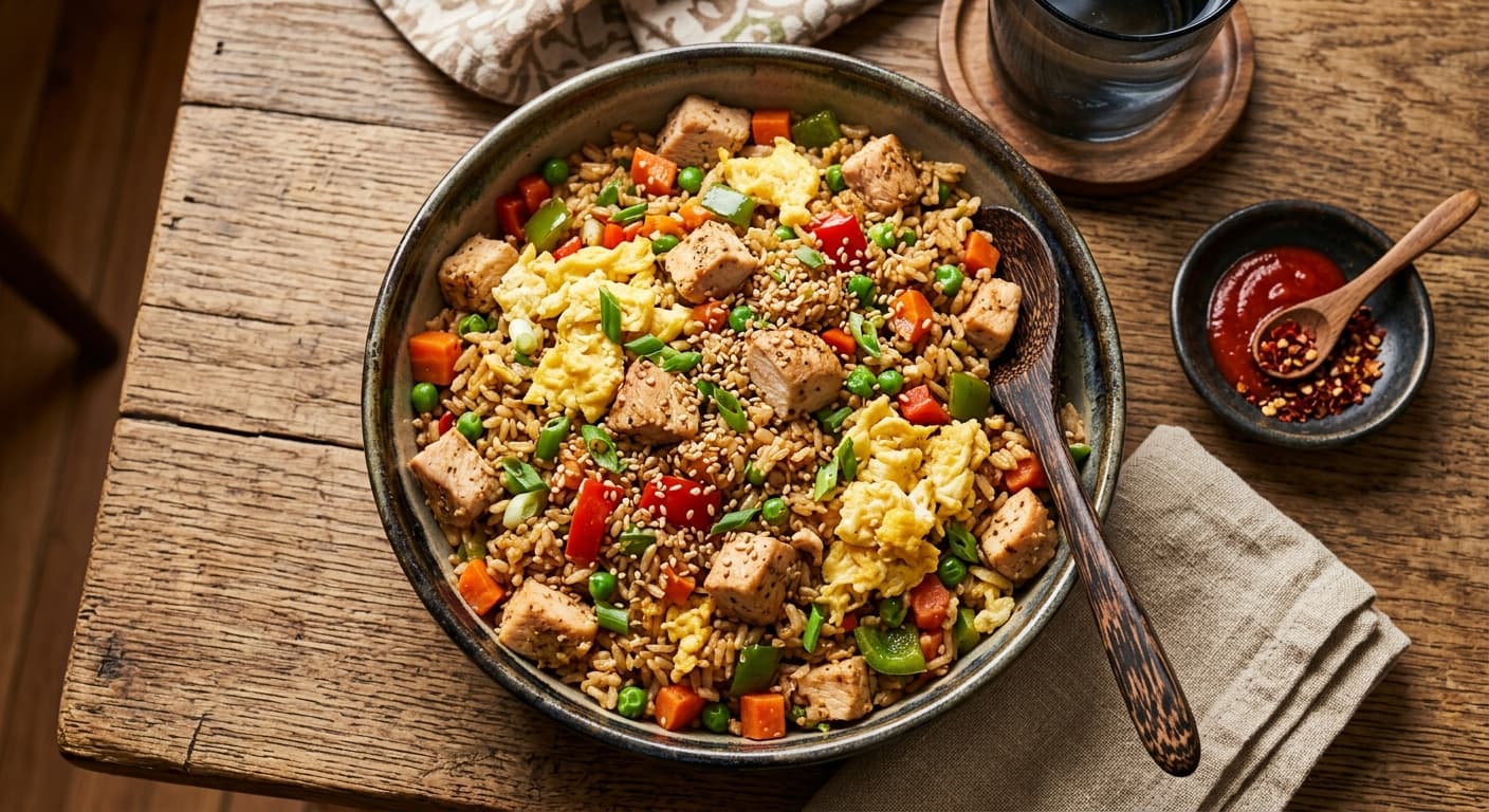 Grand bol de riz sauté avec poulet, œufs et légumes sur une table en bois