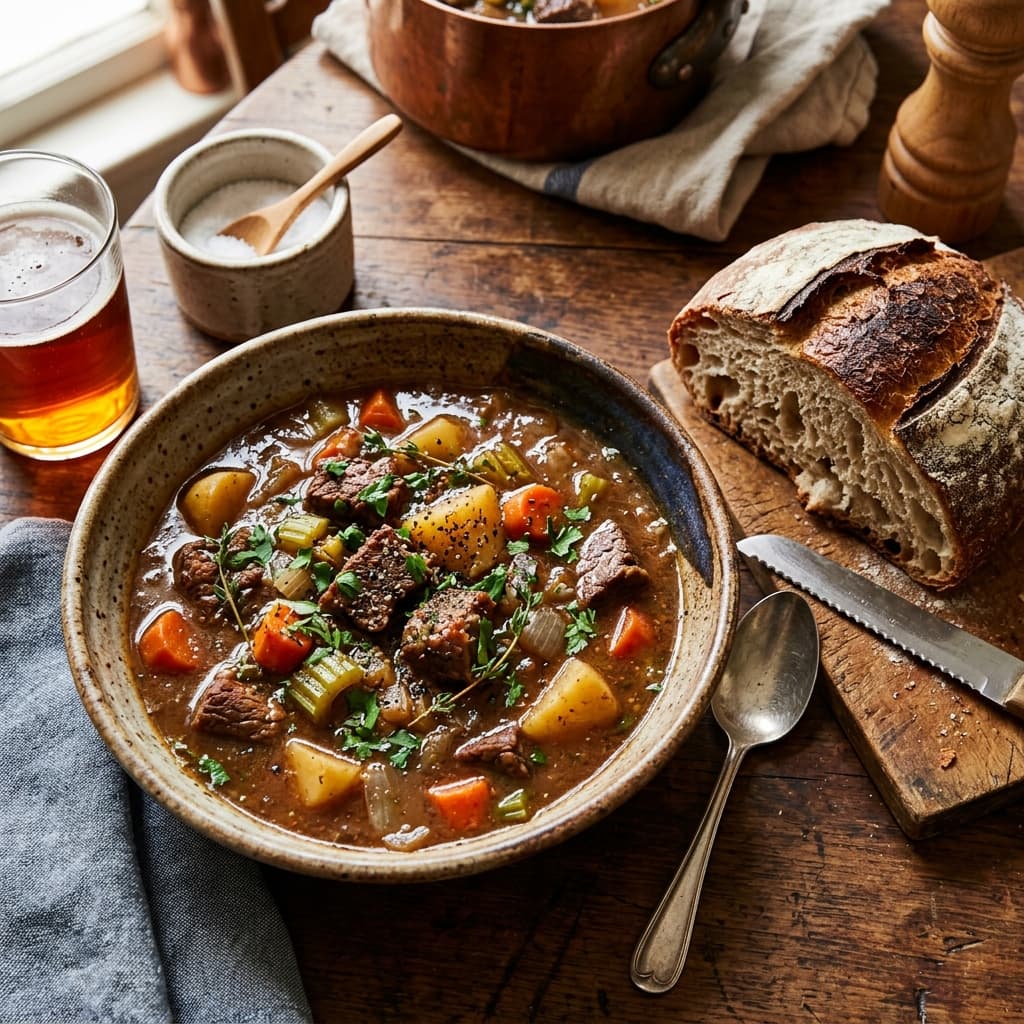 A thick, hearty beef stew in a large bowl with crusty bread on the side