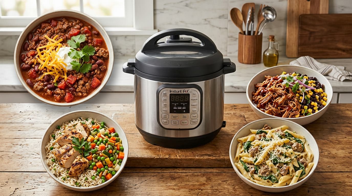 Instant Pot surrounded by bowls of high-calorie meals including chili, pulled chicken, and beef stew for muscle building