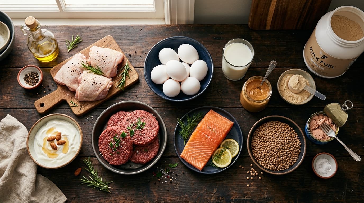 Assortment of high-protein foods including chicken breast, eggs, Greek yogurt, and whey protein on a kitchen counter