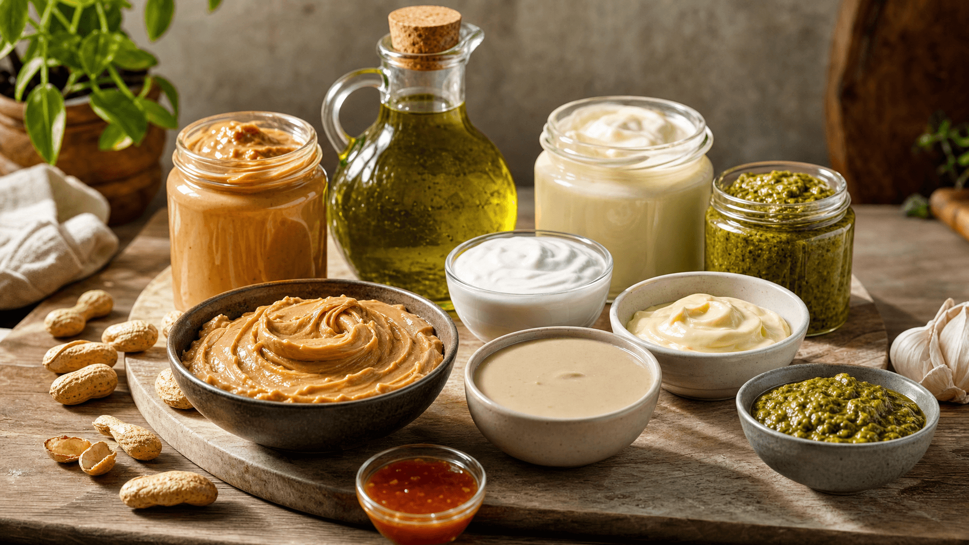 Assortment of high-calorie sauces and condiments including peanut butter, olive oil, tahini, and mayo on a kitchen counter
