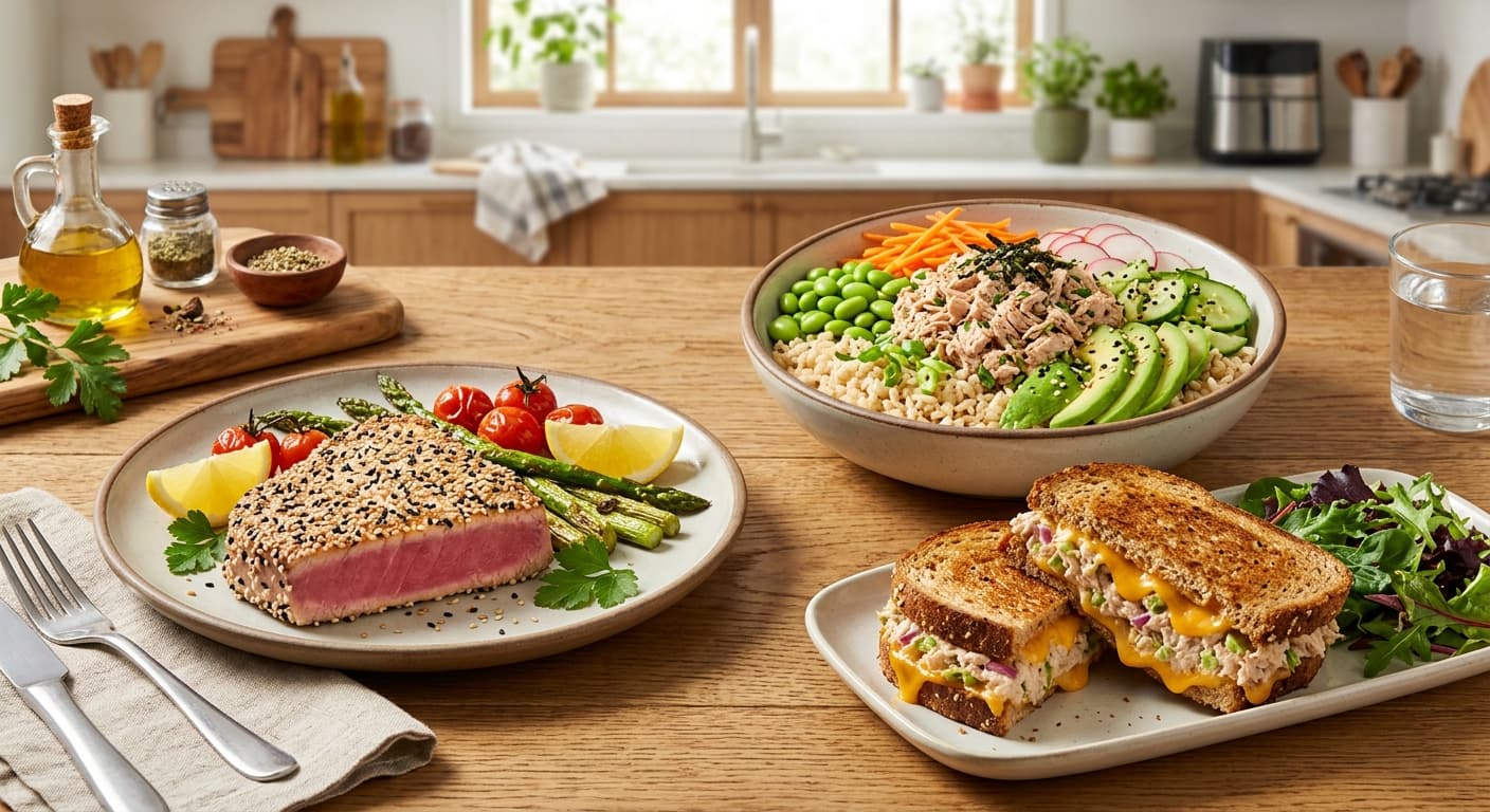 Tuna steak and canned tuna meals arranged on a kitchen counter with rice and vegetables