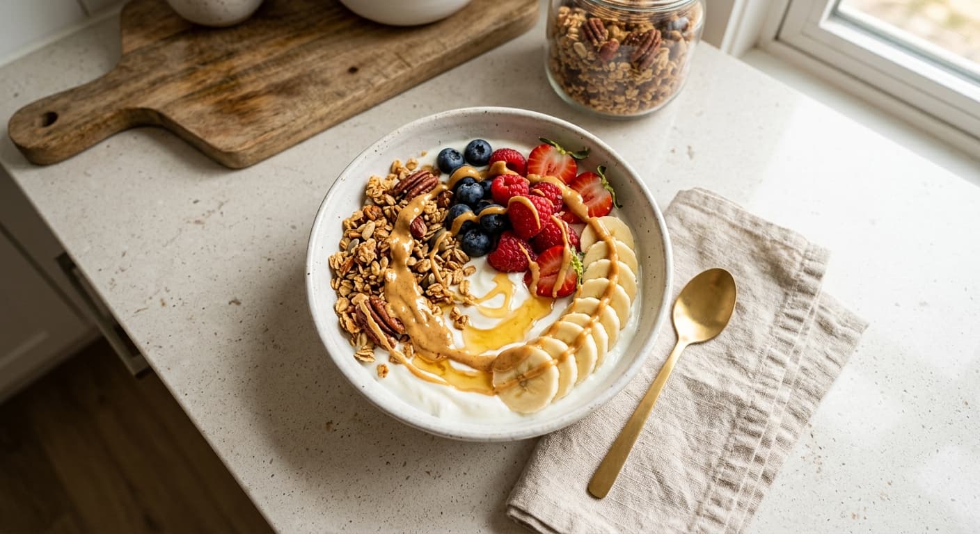 Bowl of thick Greek yogurt topped with granola, honey, and mixed berries on a kitchen counter