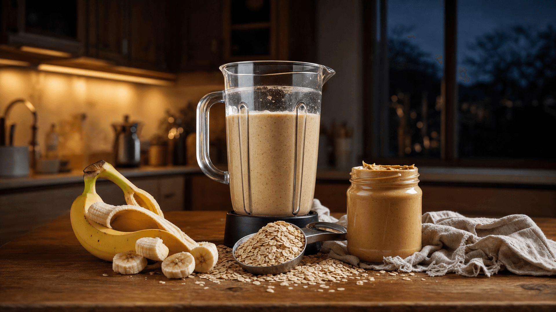 Blender bottle, banana and oats on a kitchen counter in dim pre-dawn light before an early gym session