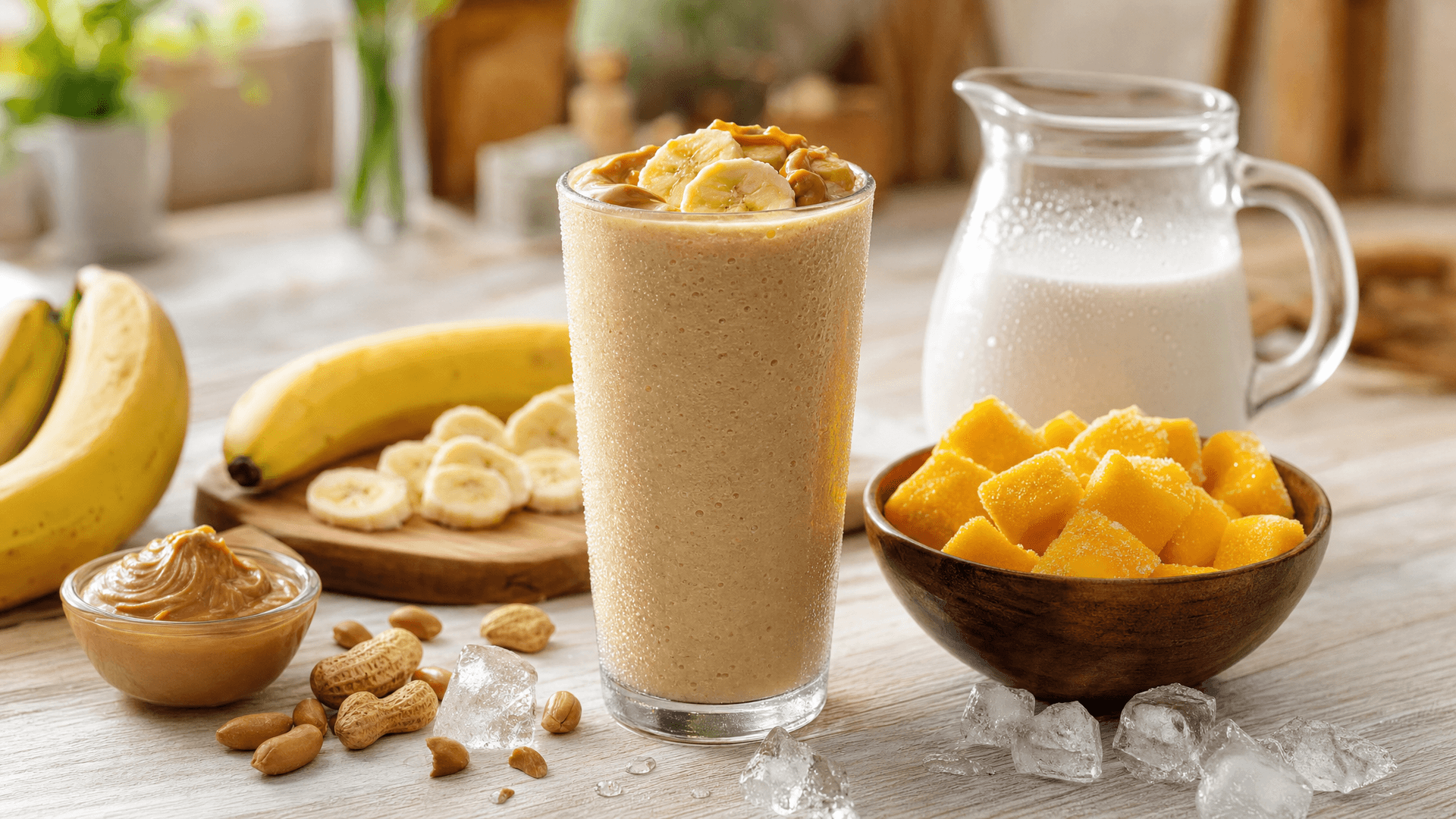 Cold high-calorie smoothie in a glass beside a bowl of fruit and nuts on a sunlit kitchen counter
