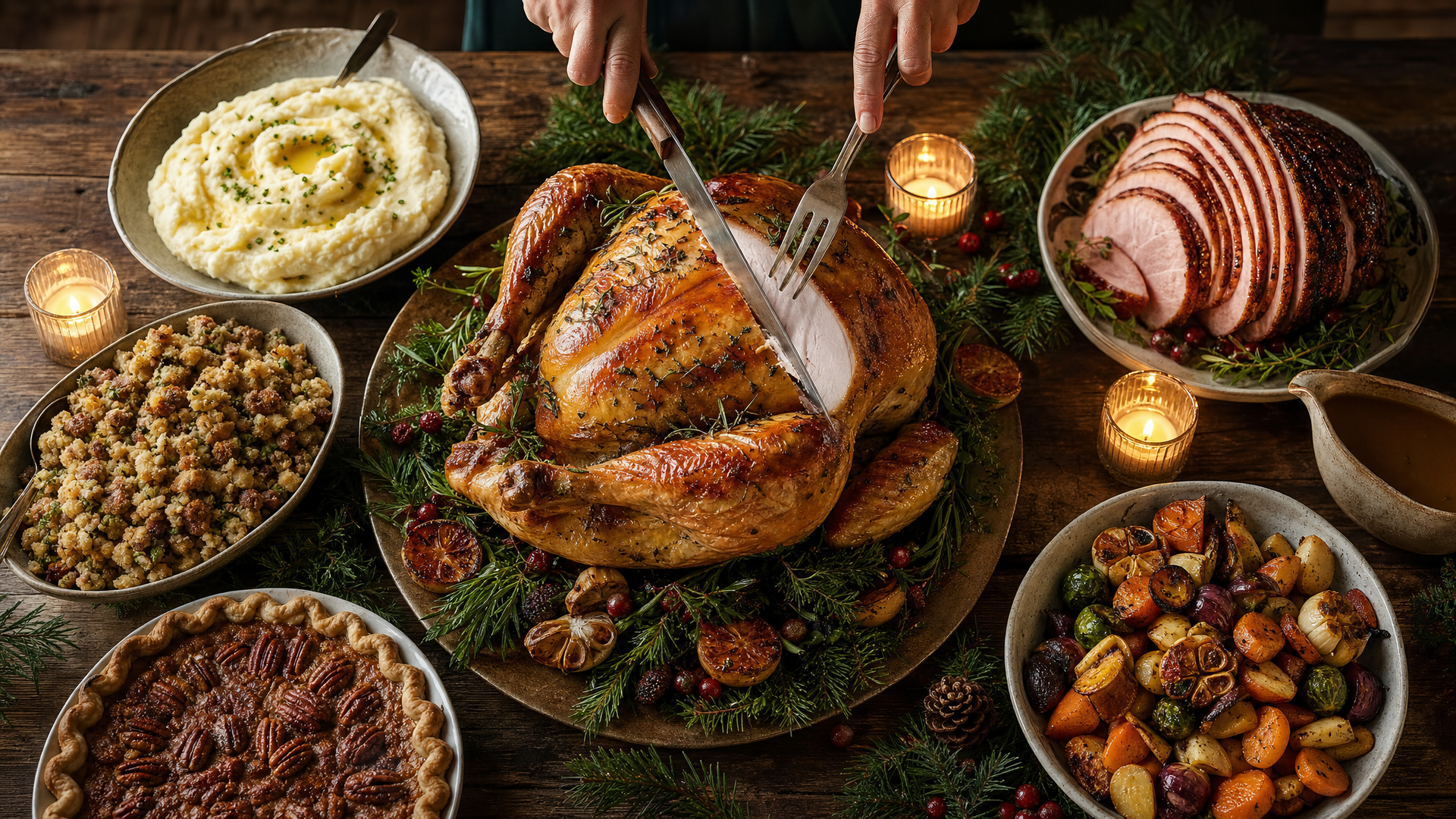 Une table de repas de fêtes avec dinde rôtie, jambon, accompagnements et desserts, à côté d'un shaker et d'une paire de sangles de musculation