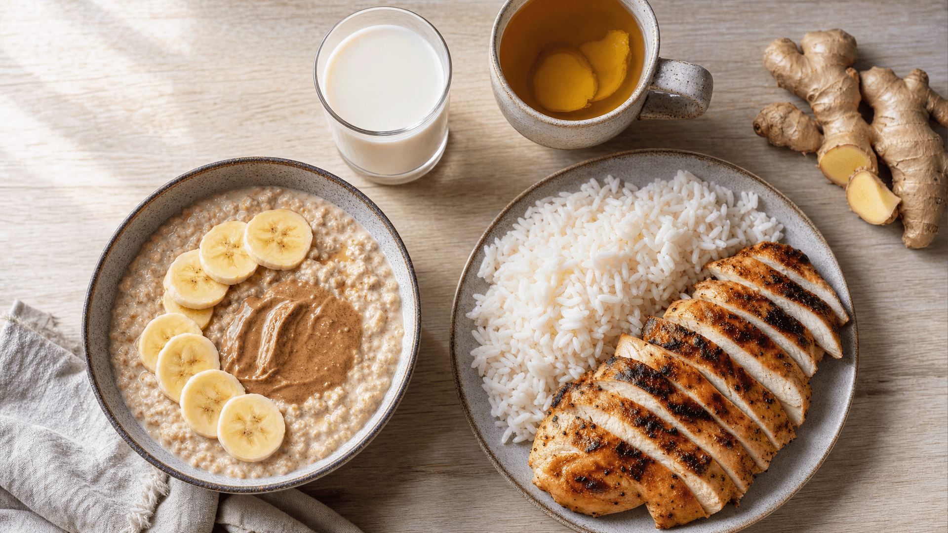 A plate of grilled chicken, rice and avocado next to a glass of milk on a kitchen counter
