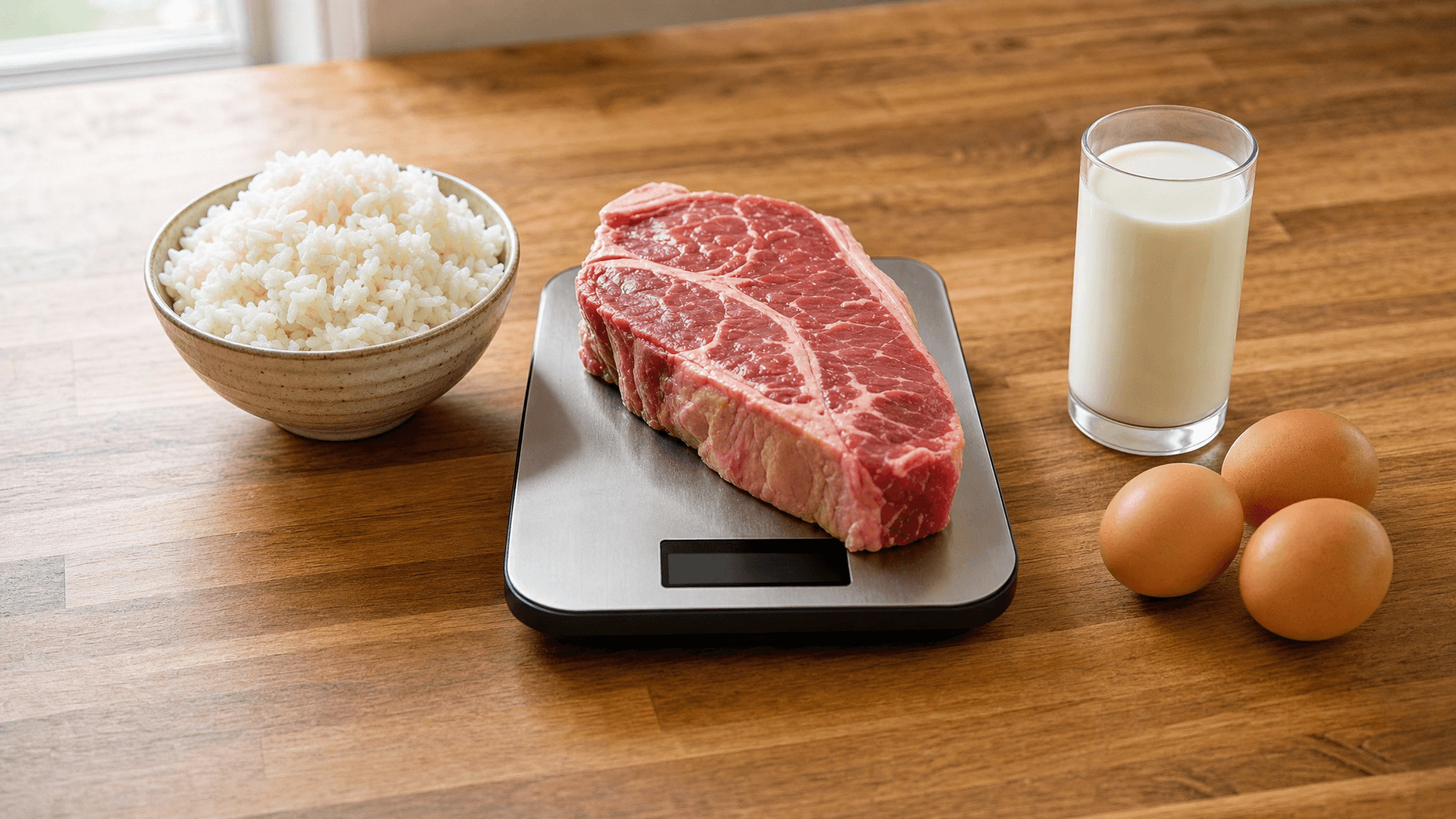 A plate of chicken, rice and vegetables next to a food scale and a notebook with calorie math written on it