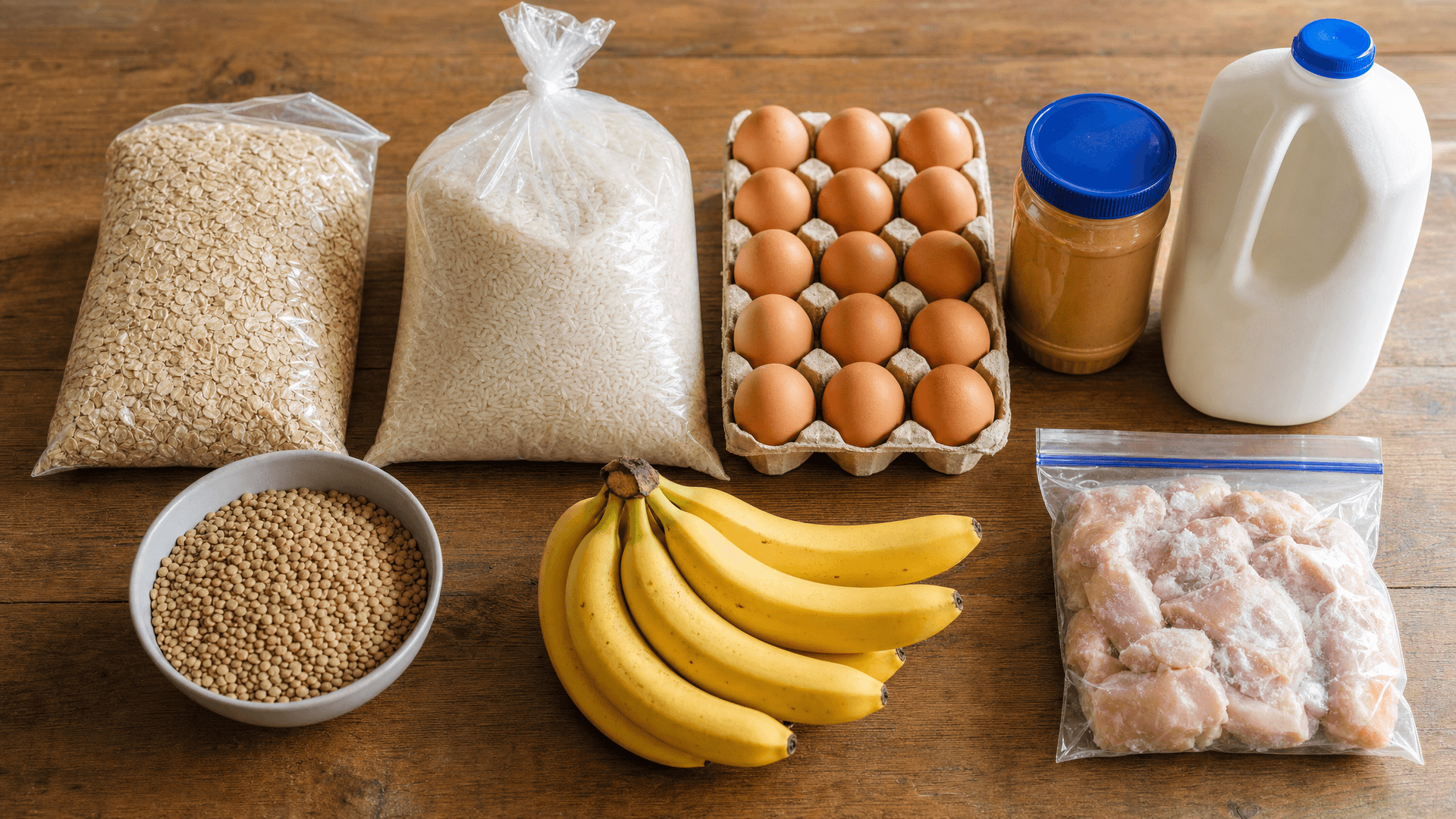Budget bulking staples on a kitchen counter — bulk oats, rice, eggs, peanut butter, milk and canned tuna with a receipt