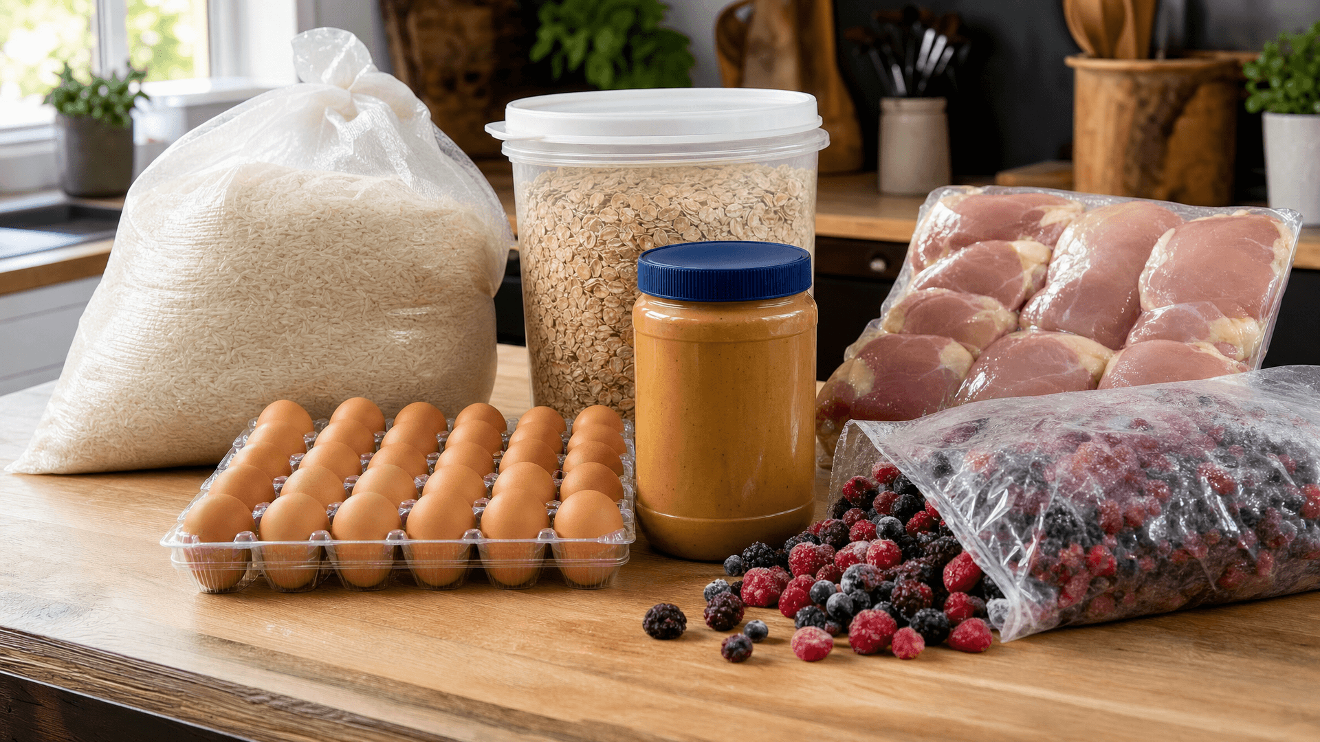 A warehouse store cart loaded with bulk oats, rice, eggs, rotisserie chicken and peanut butter for a bulking grocery haul