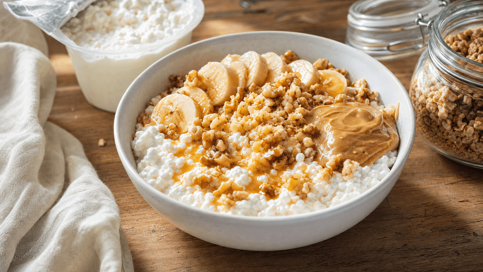 A bowl of full-fat cottage cheese topped with honey, granola, and berries next to a large tub of cottage cheese