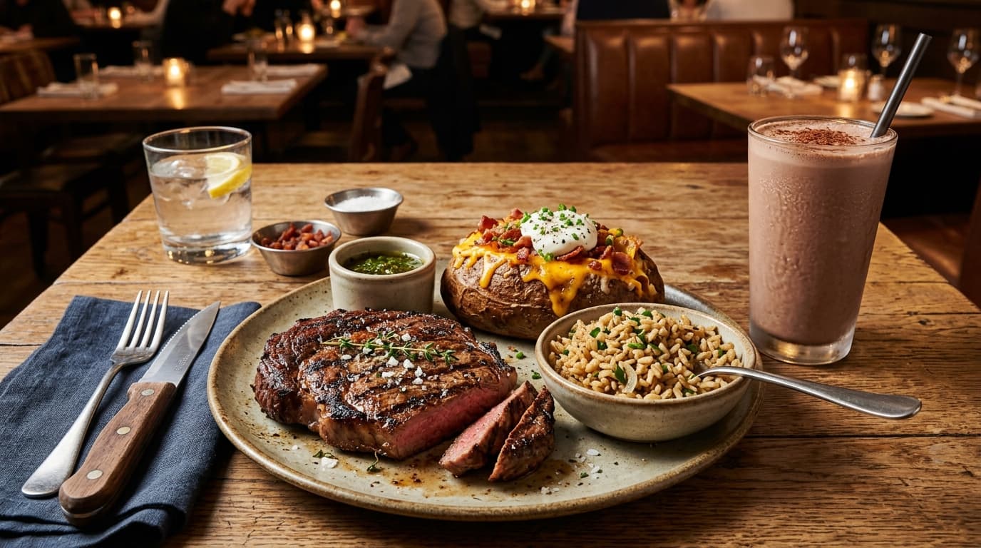 Un homme musclé mangeant un repas riche en protéines dans un restaurant