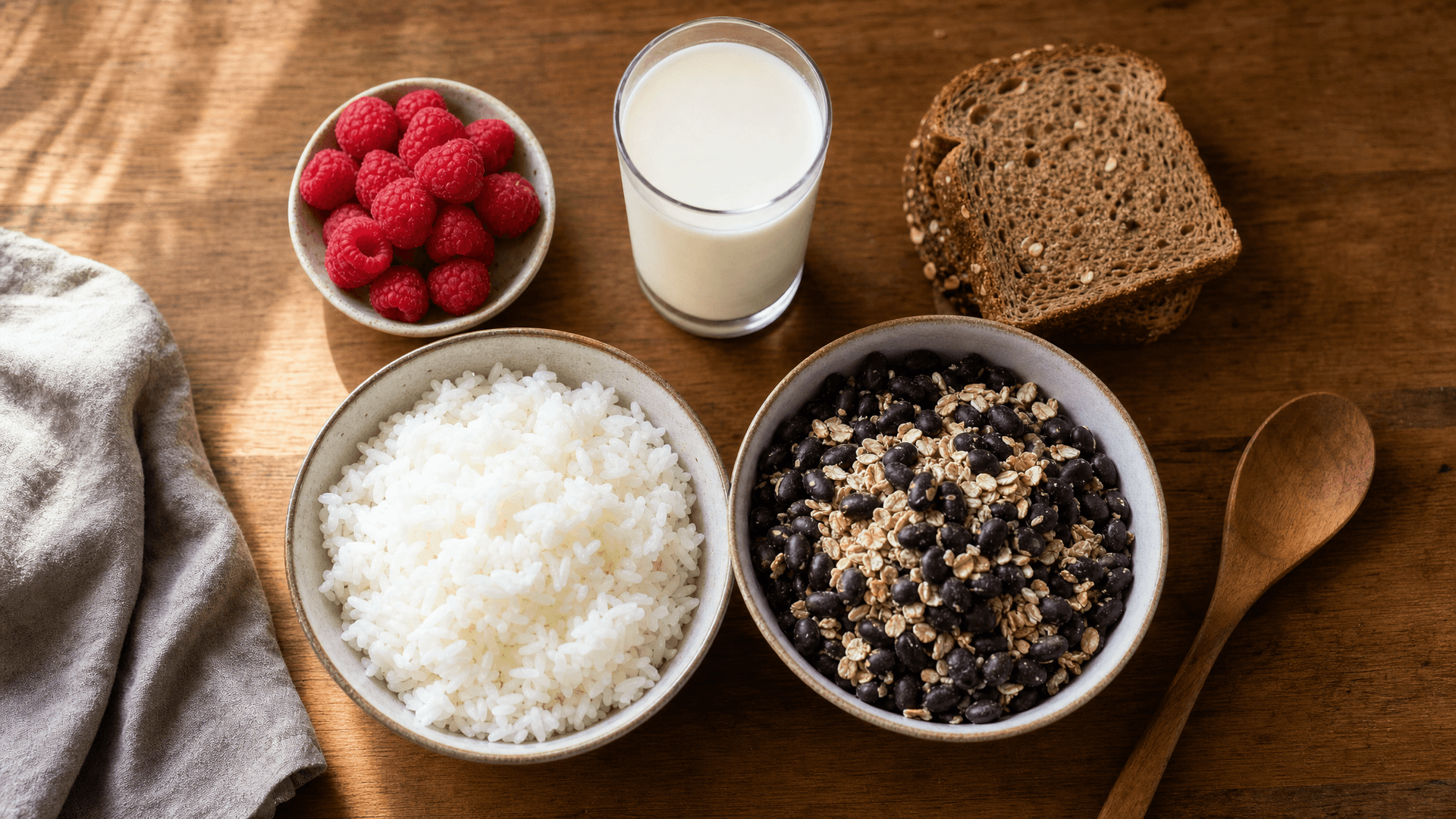 A bowl of oats, black beans and broccoli next to a plate of white rice, olive oil and ground beef