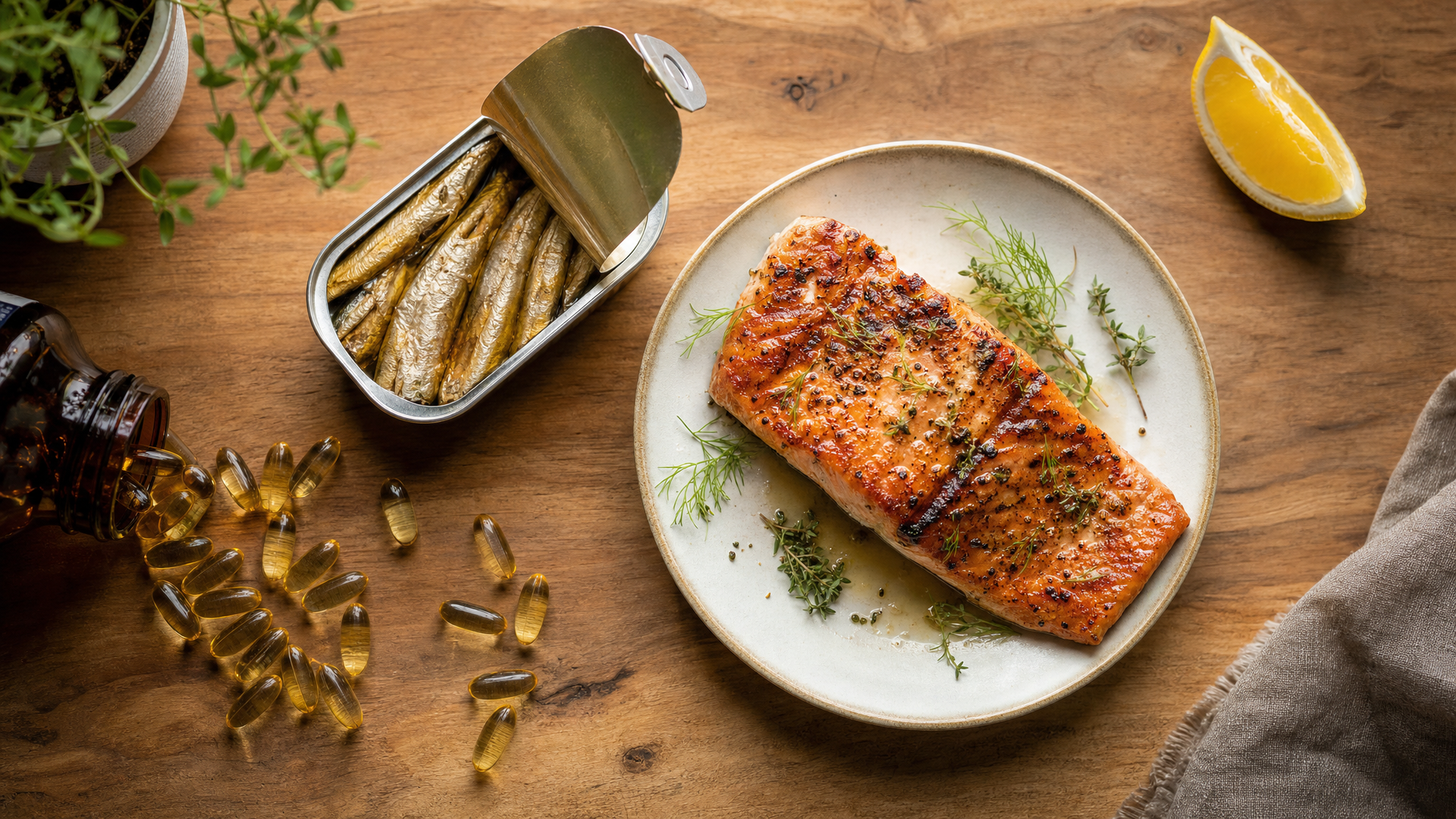 Tins of sardines and mackerel next to fish oil capsules and a bottle of omega-3 softgels on a kitchen counter