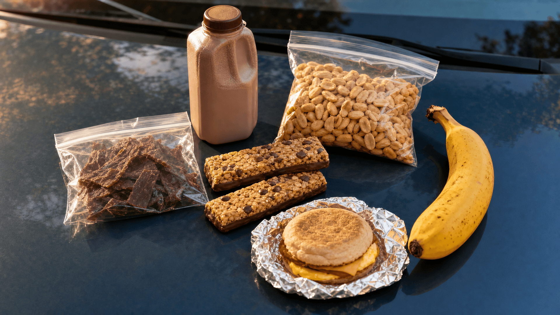 Convenience store shelves with beef jerky, nuts, chocolate milk and protein bars laid out on a counter
