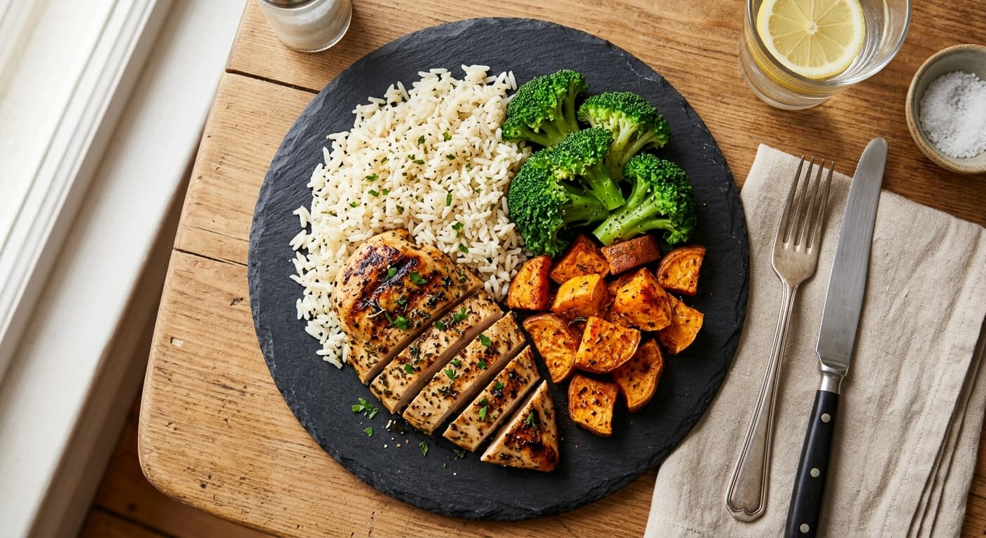 A plate of grilled chicken with sweet potatoes and rice alongside fresh vegetables for a gluten-free bulking meal