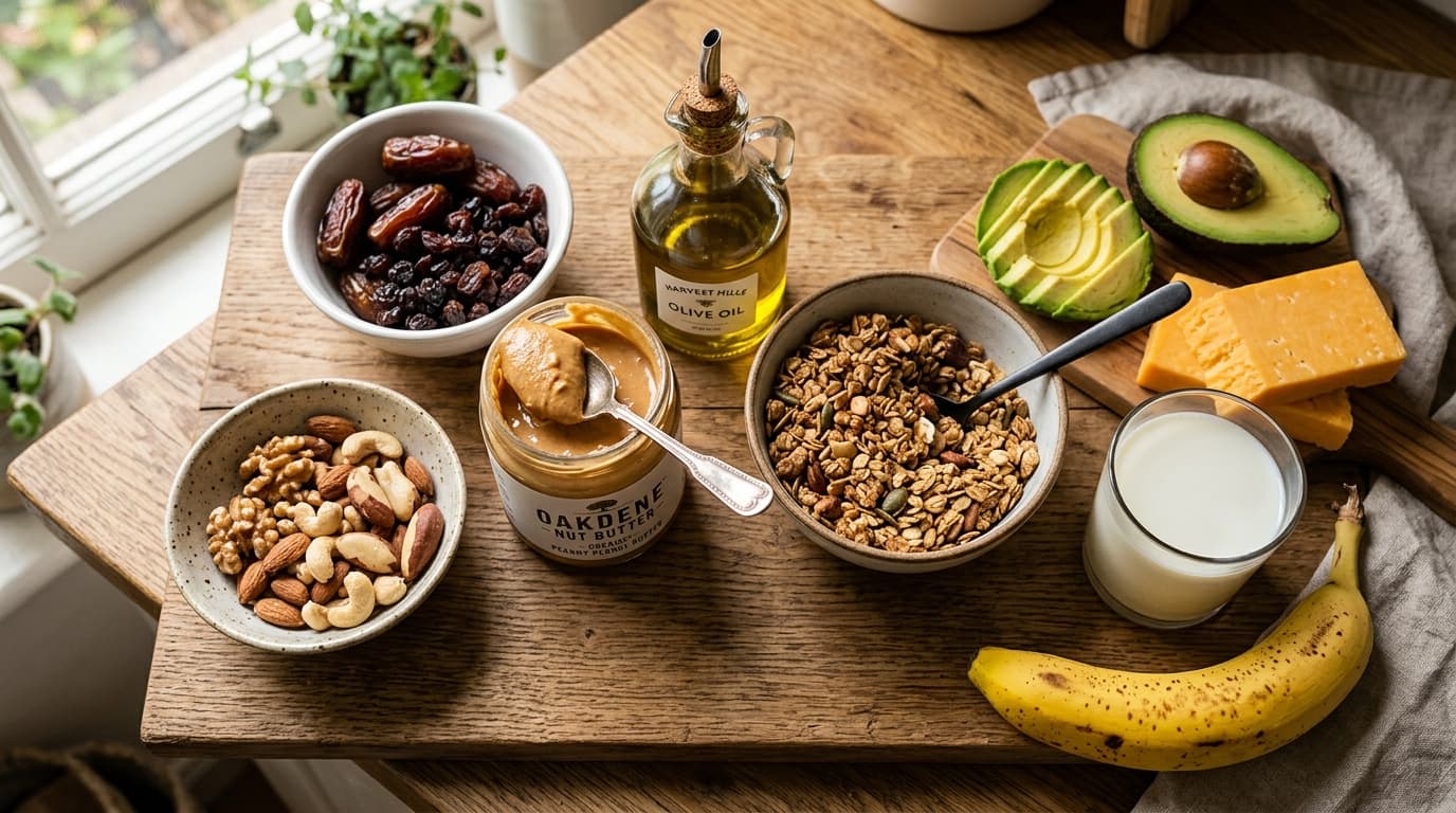 Assortiment d'aliments caloriques : noix, beurre de cacahuète, fruits secs, avocat et huile d'olive sur un plan de travail