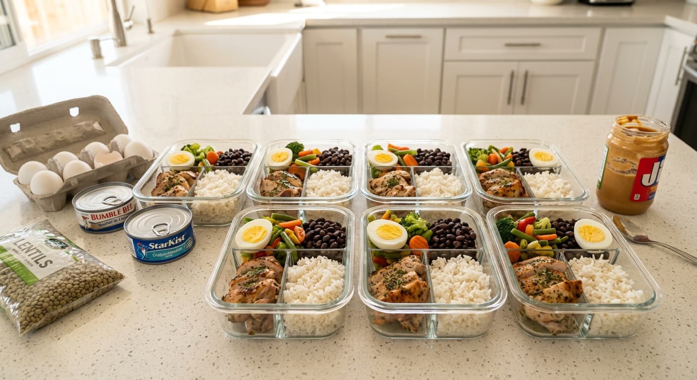 Affordable high-protein meal prep containers with chicken, eggs, rice, and beans on a kitchen counter